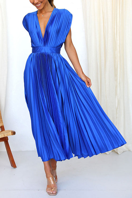 Georgina Satin Pleated Midi Dress Blue 1