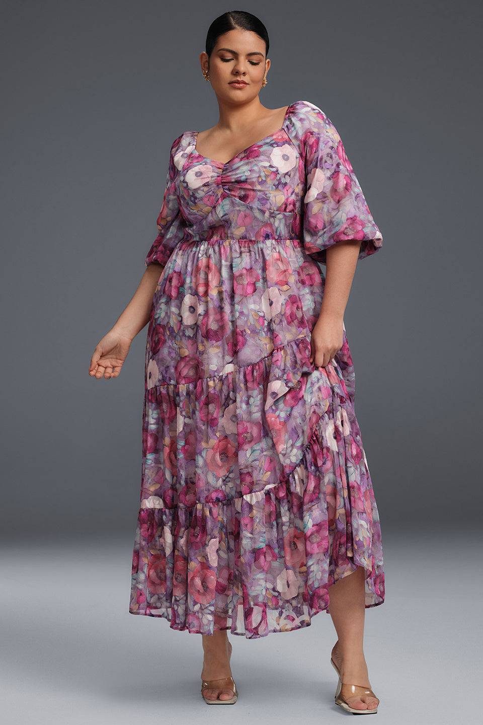 Isabelle Floral Pleated Maxi Dress Neck Flower Print Pleated Maxi Dress 1