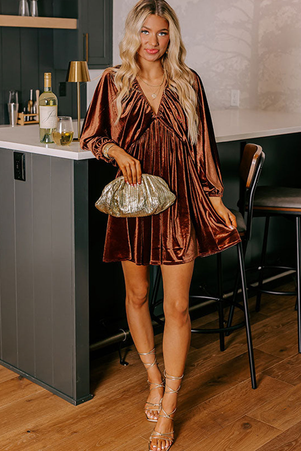 Rosalie Velvet Puff-Sleeve Dress Clay 6