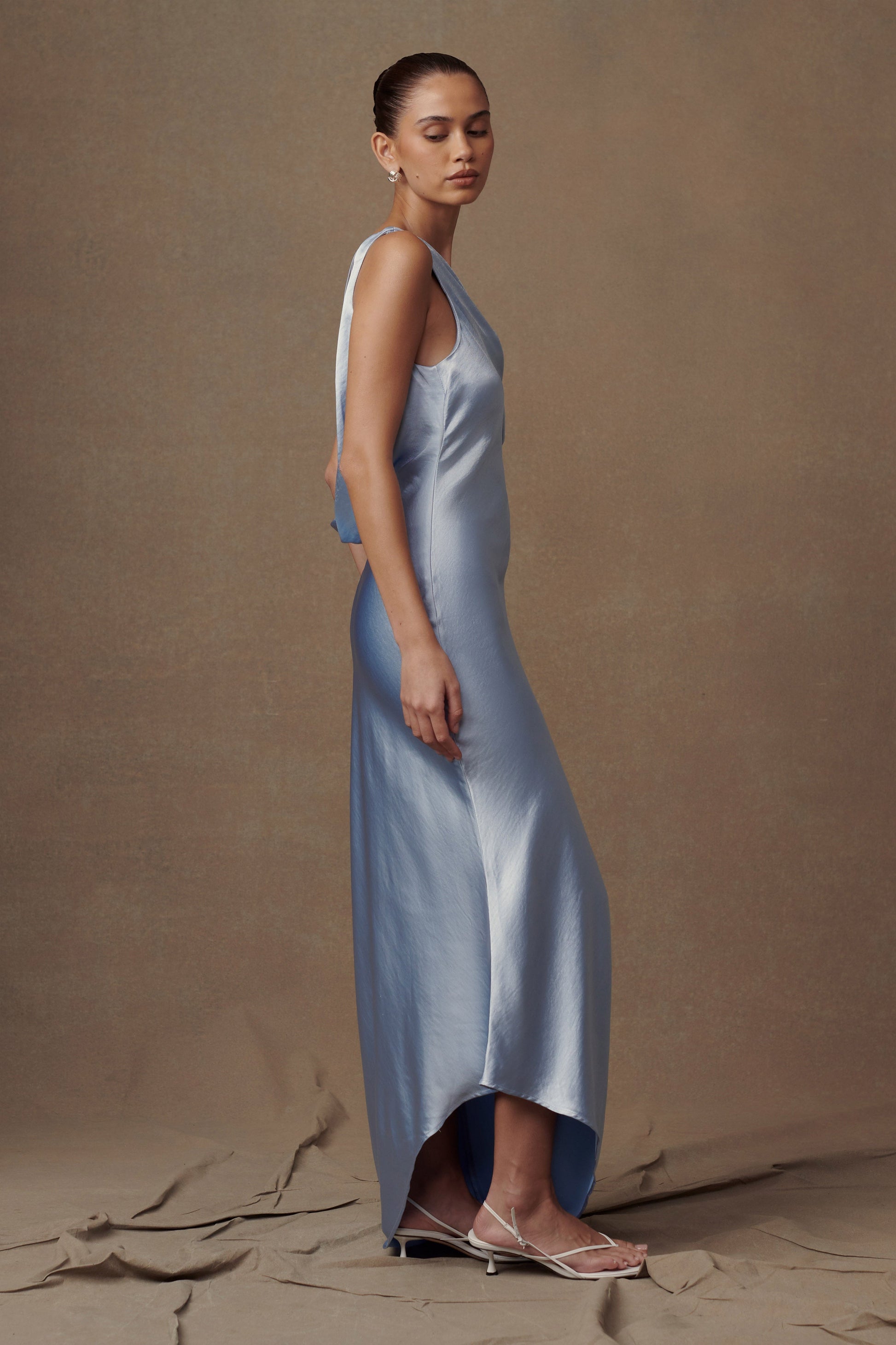 Yvette Asymmetrical Slip Maxi Dress in Emerald Cornflower Blue 4