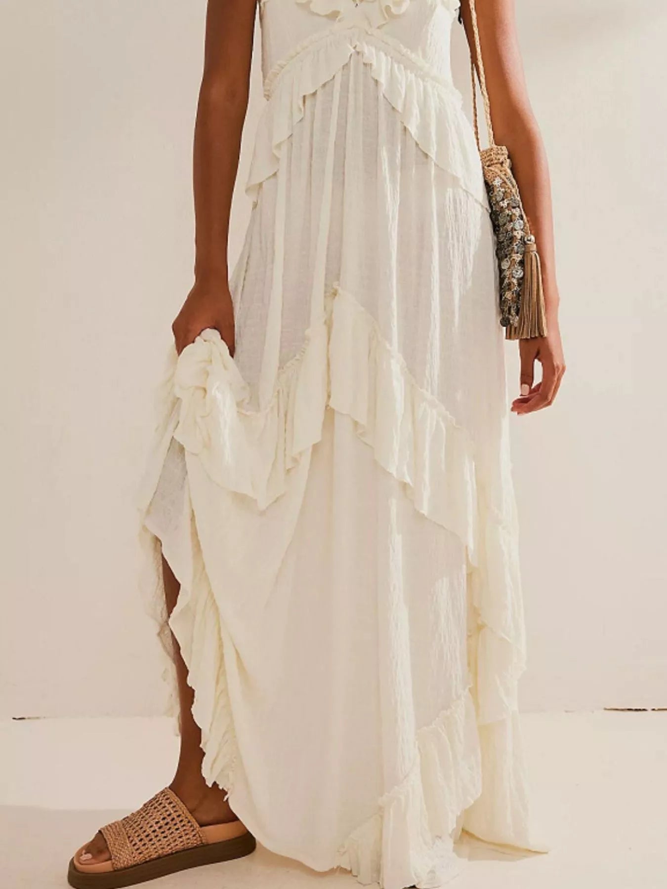 Arabella Ruffled Halter Maxi Dress Dusty Blue 10