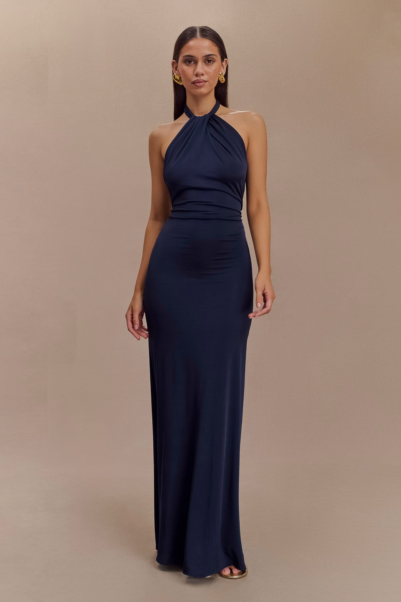Elyna Slinky Halter Maxi Dress Navy 1