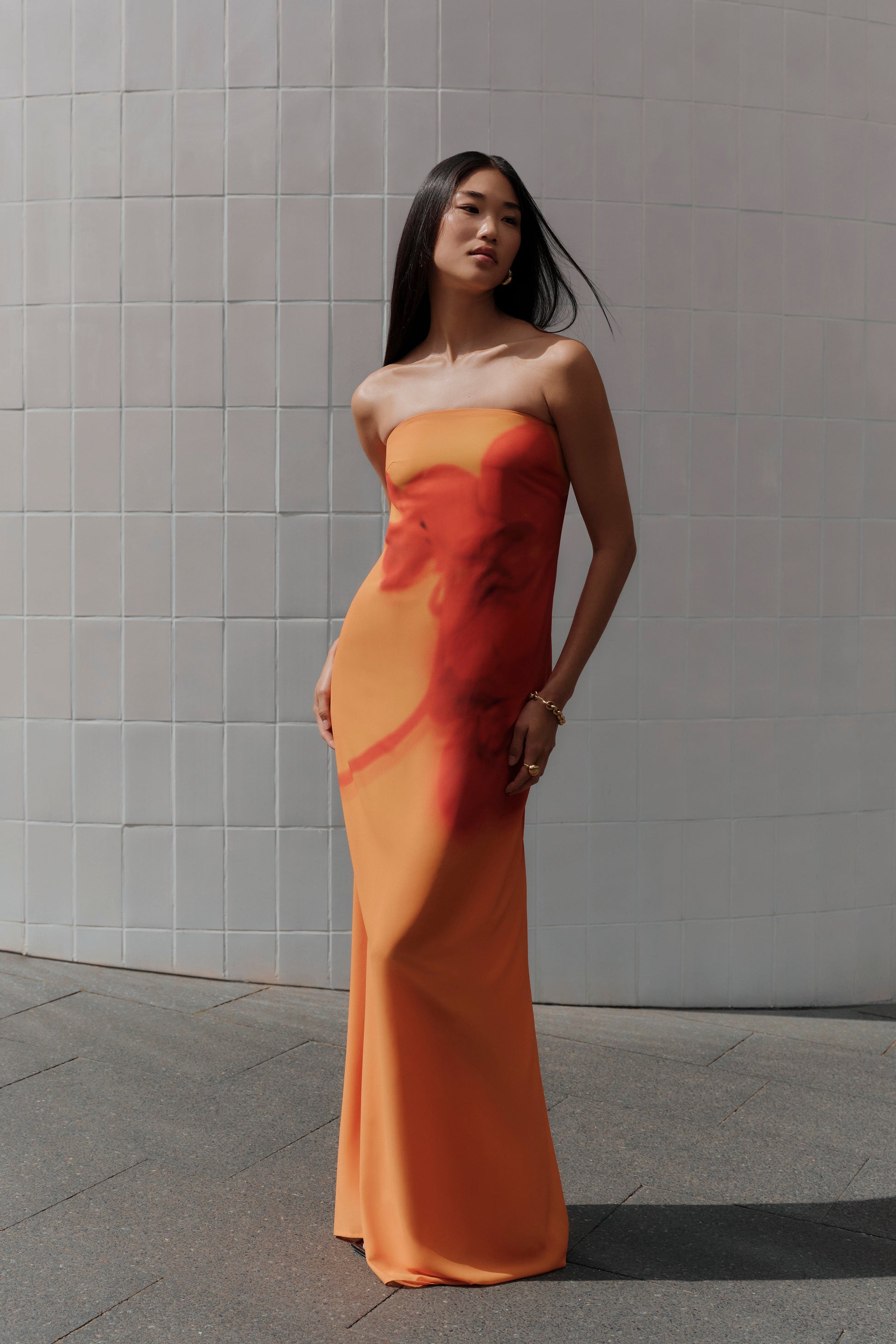 Amaya Strapless Chiffon Maxi Dress Koi Orchid Print 1