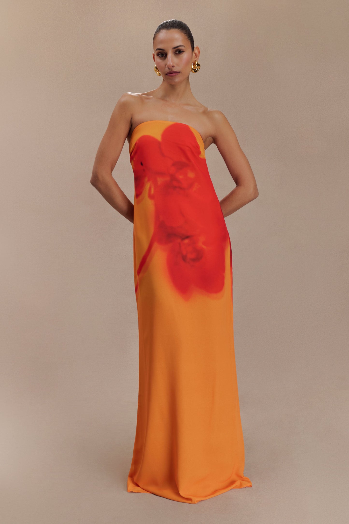 Amaya Strapless Chiffon Maxi Dress Koi Orchid Print 2