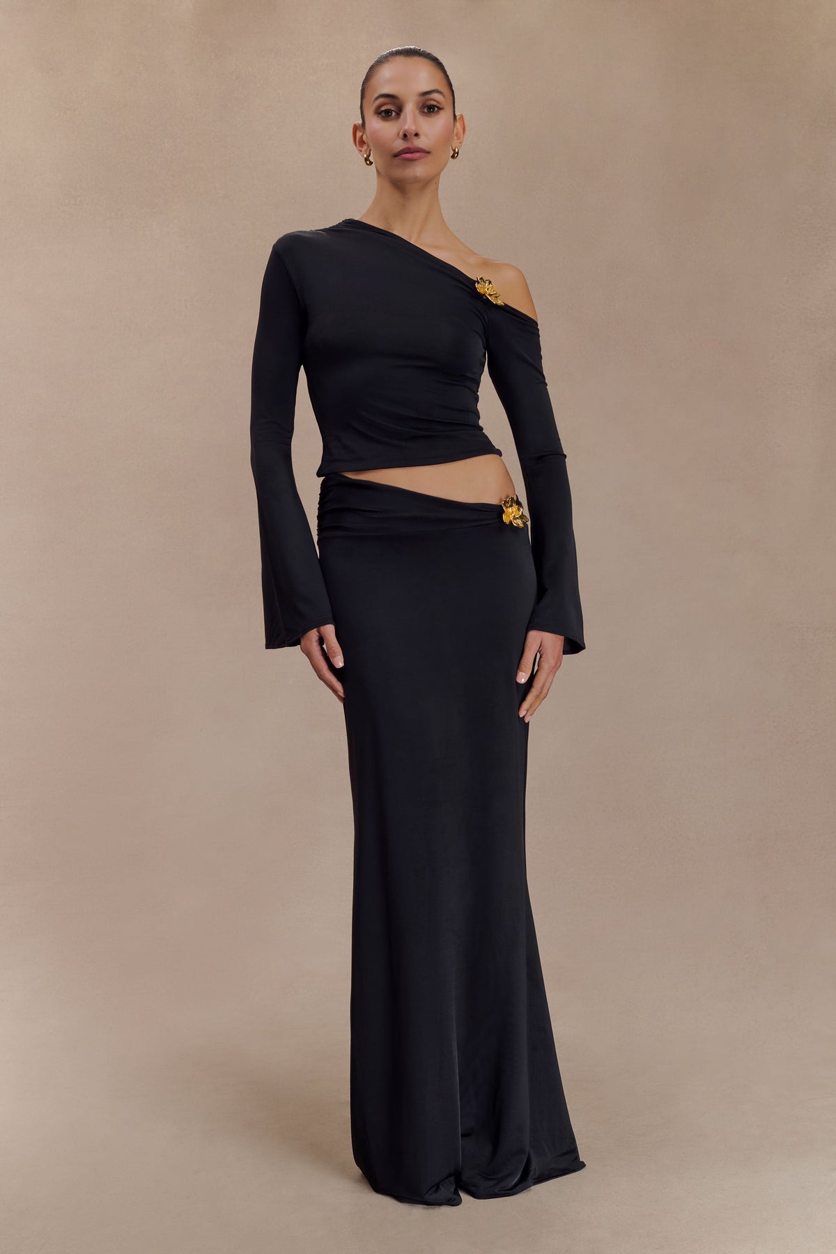 Ainsley Asymmetrical Maxi Dress in Burnt Orange Black 6