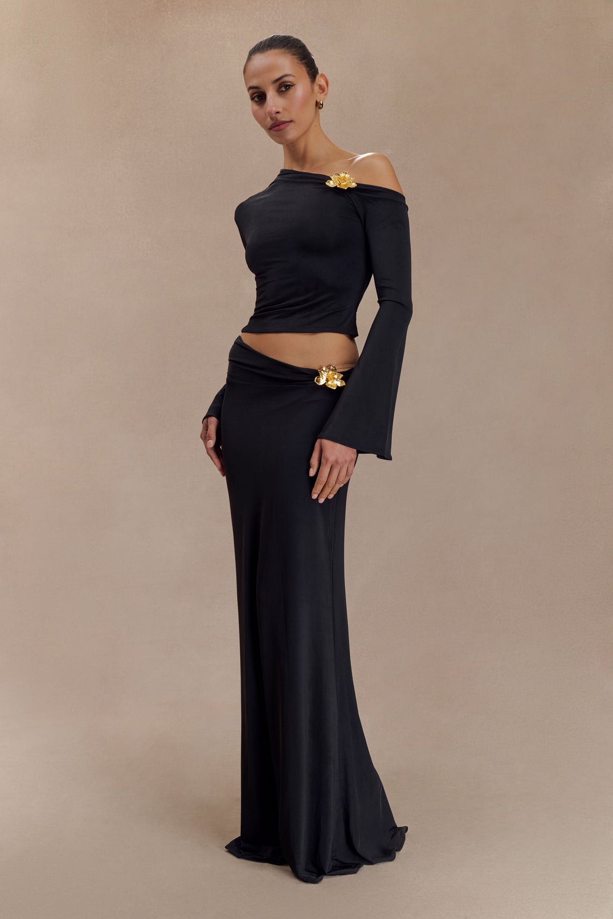 Ainsley Asymmetrical Maxi Dress in Burnt Orange Black 7