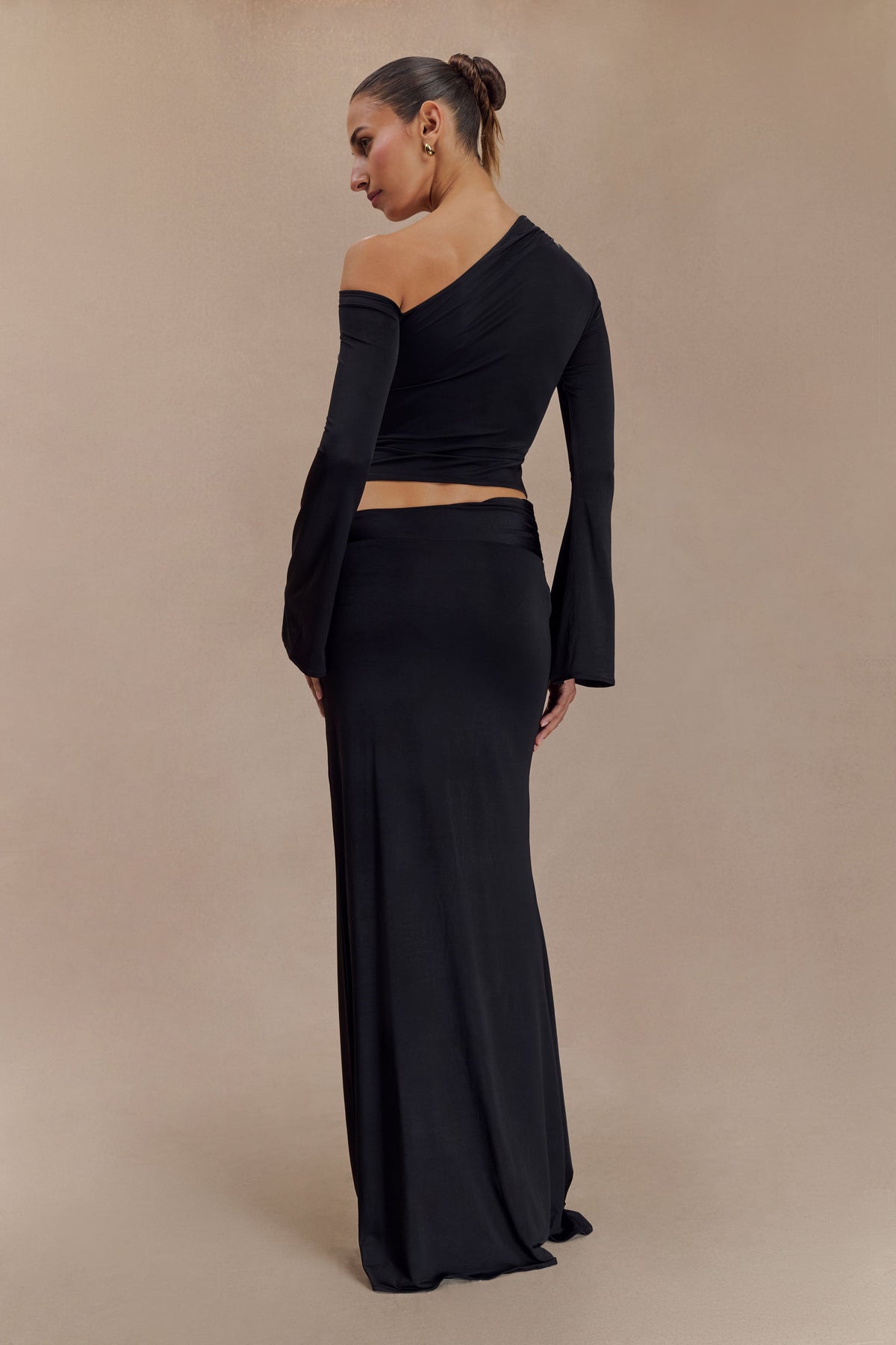 Ainsley Asymmetrical Maxi Dress in Burnt Orange Black 2