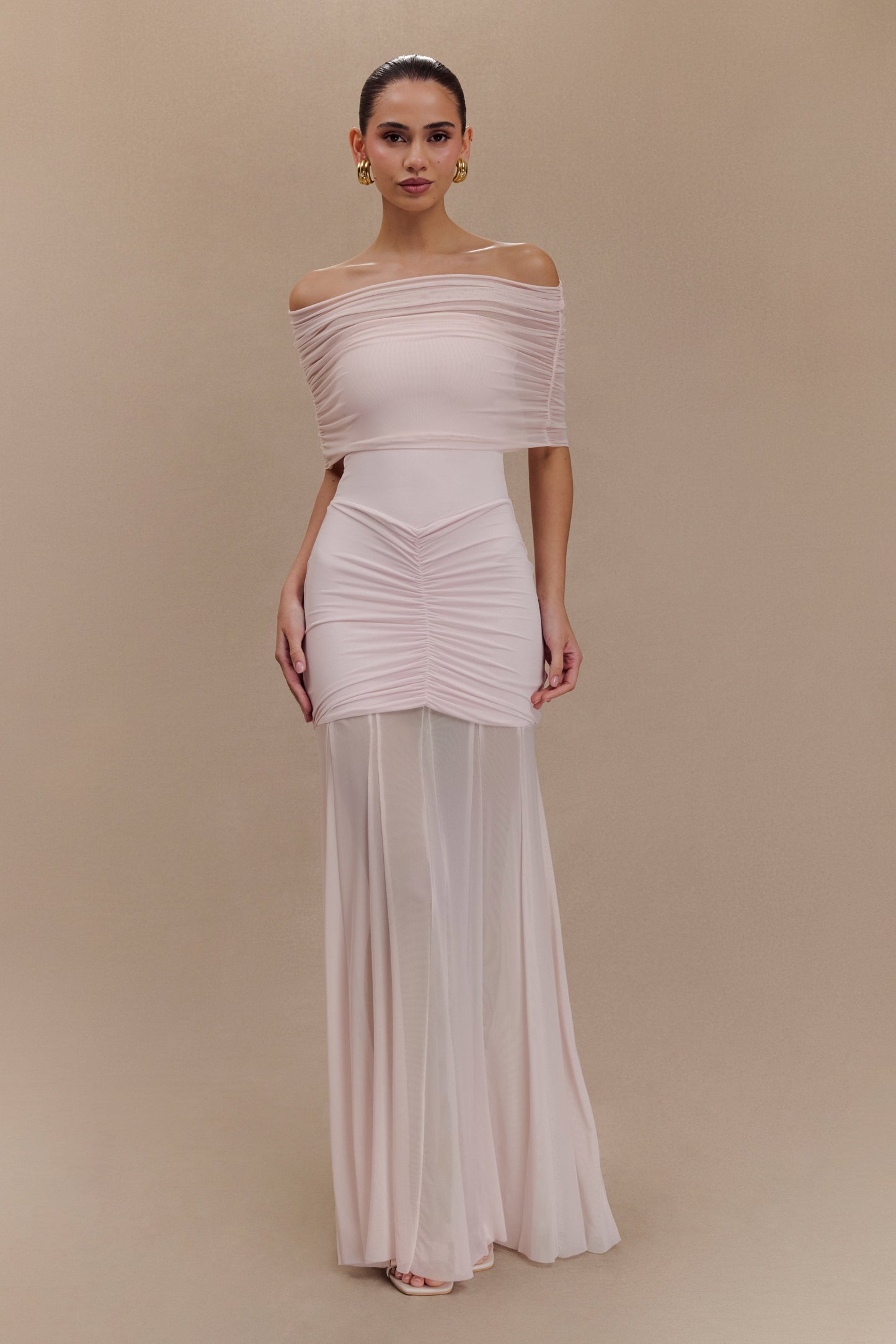 Caspian Slinky Mesh Off-Shoulder Maxi Dress in Pale Blue Pale Blue 35