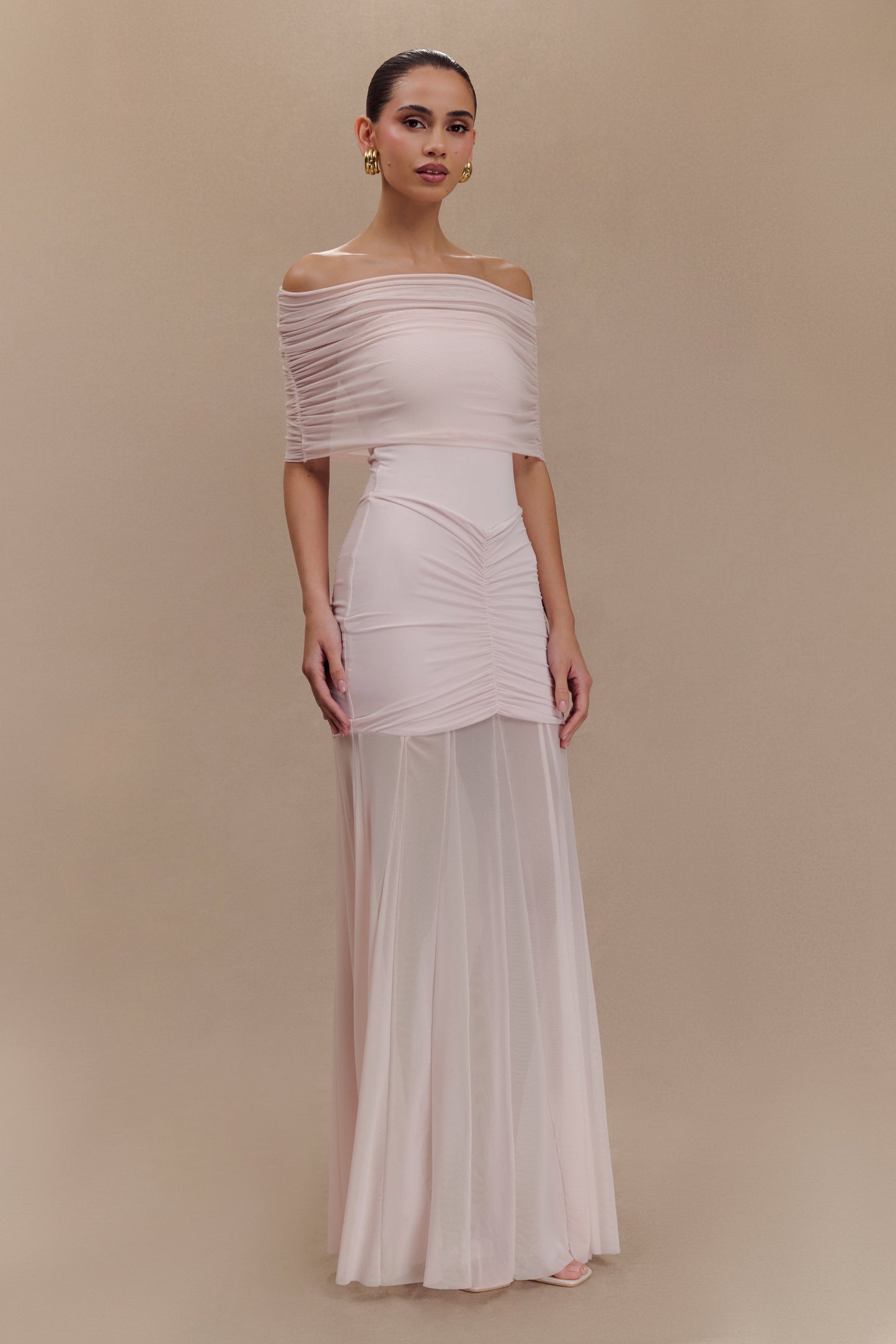 Caspian Slinky Mesh Off-Shoulder Maxi Dress in Pale Blue Pale Blue 39