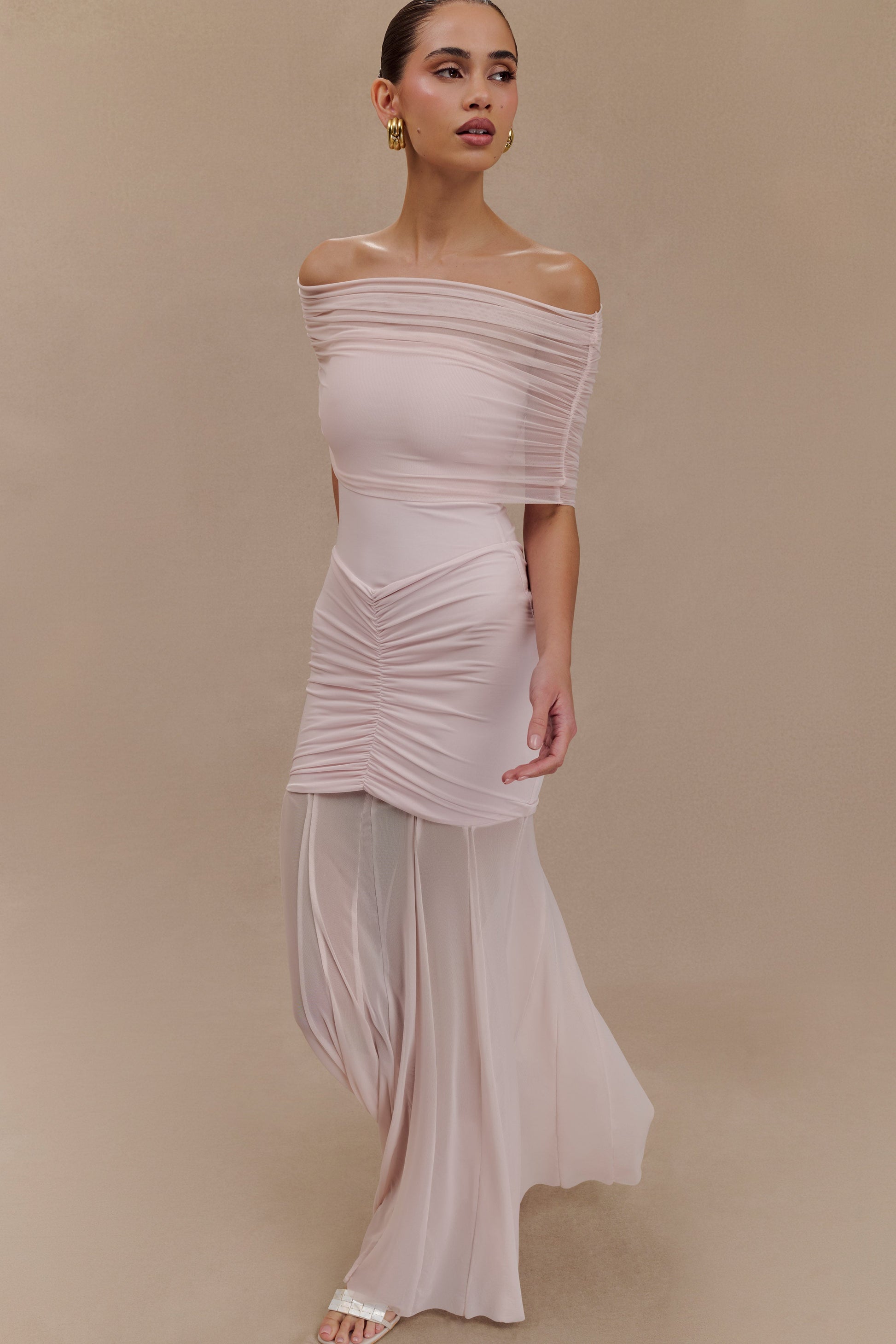 Caspian Slinky Mesh Off-Shoulder Maxi Dress in Pale Blue Pale Blue 38