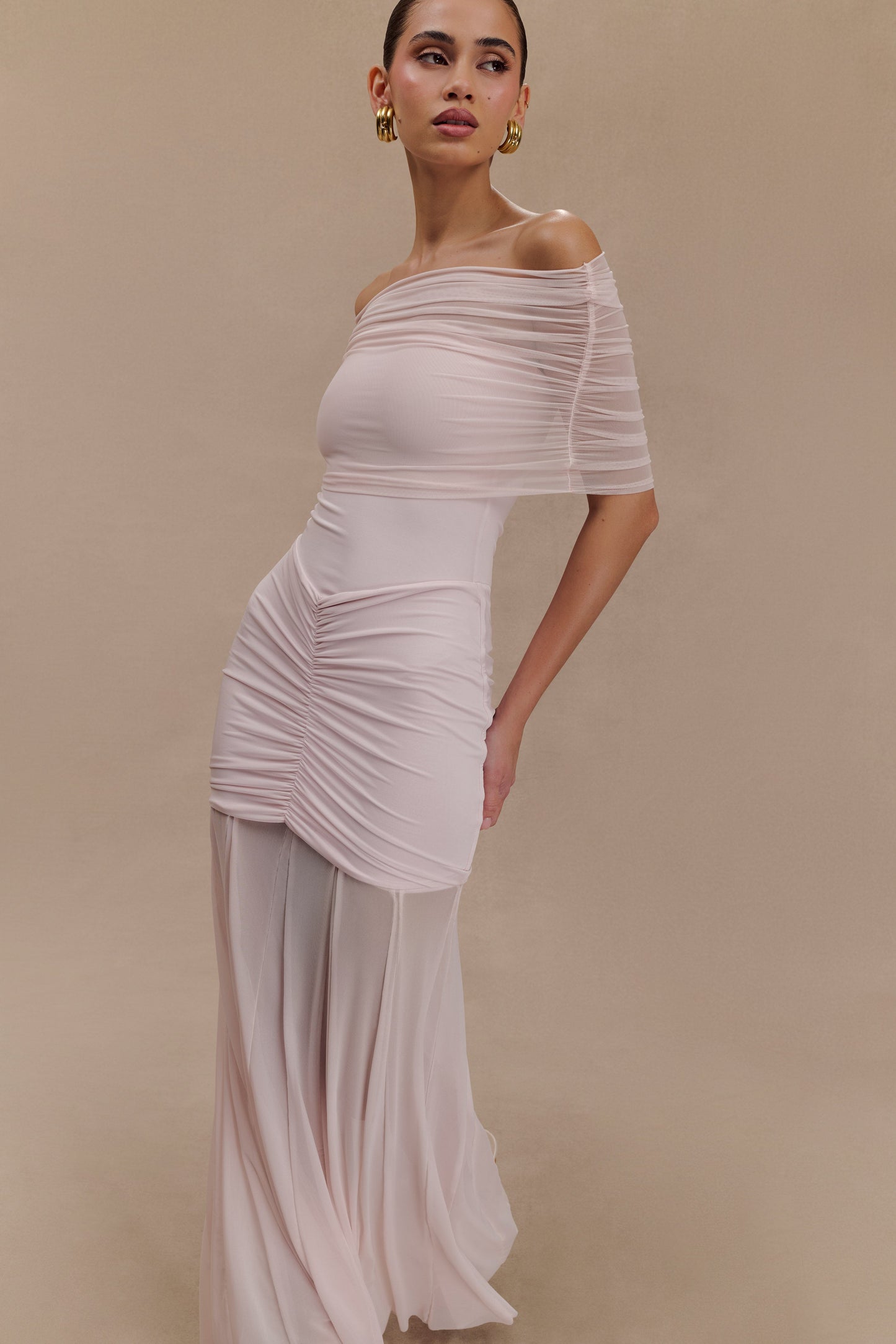 Caspian Slinky Mesh Off-Shoulder Maxi Dress in Pale Blue Pale Blue 40