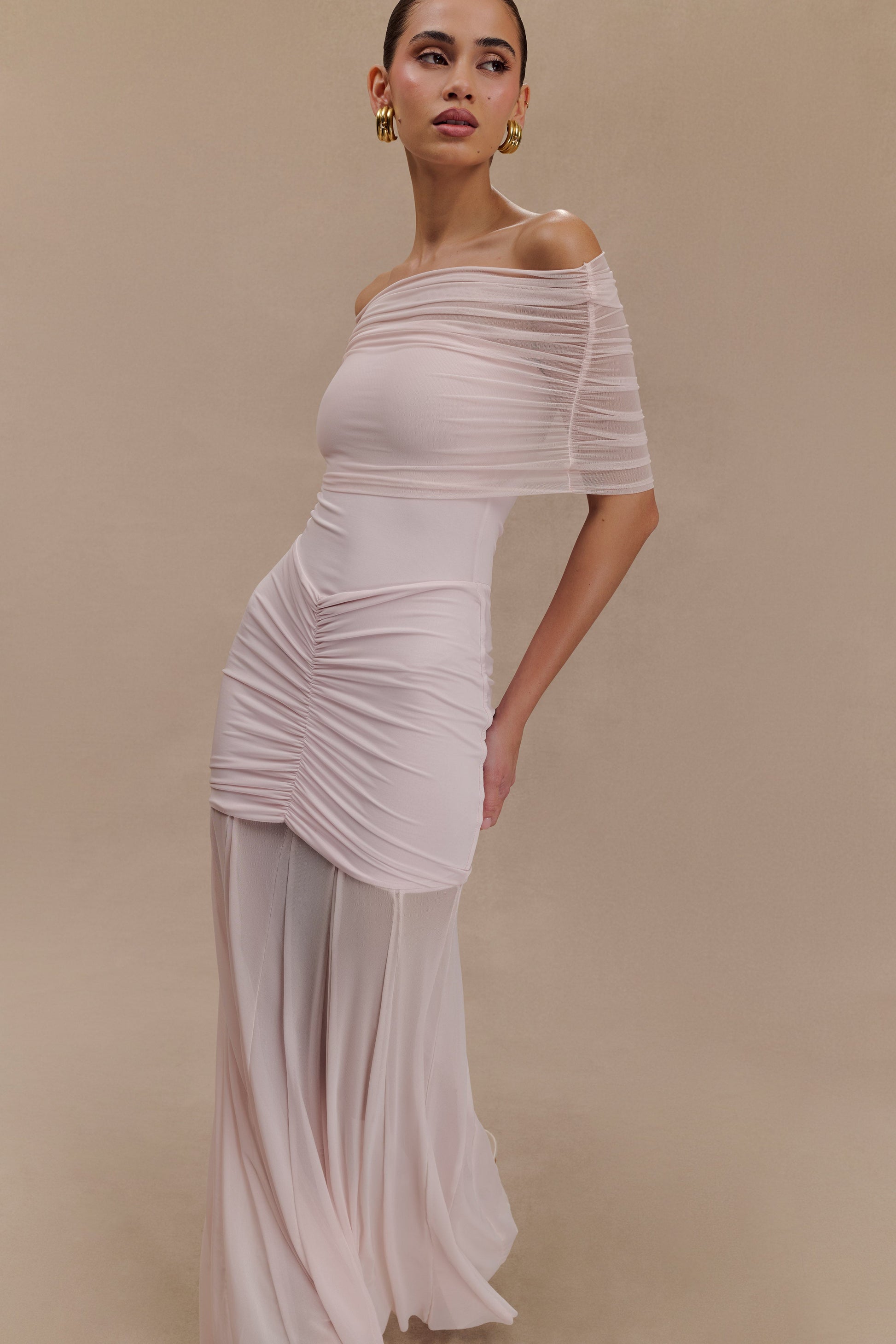 Caspian Slinky Mesh Off-Shoulder Maxi Dress in Pale Blue Pale Blue 40