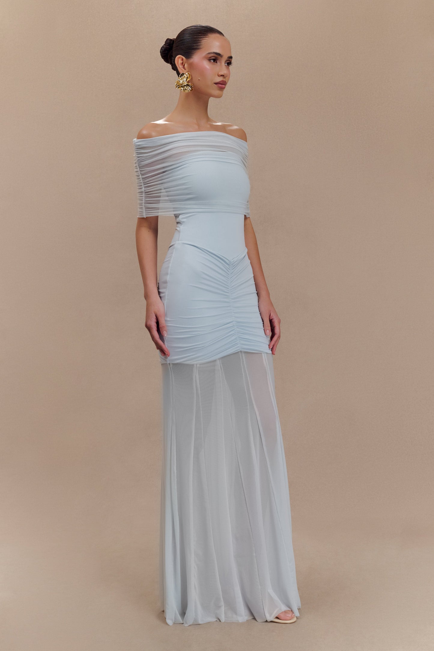 Caspian Slinky Mesh Off-Shoulder Maxi Dress in Pale Blue Pale Blue 4