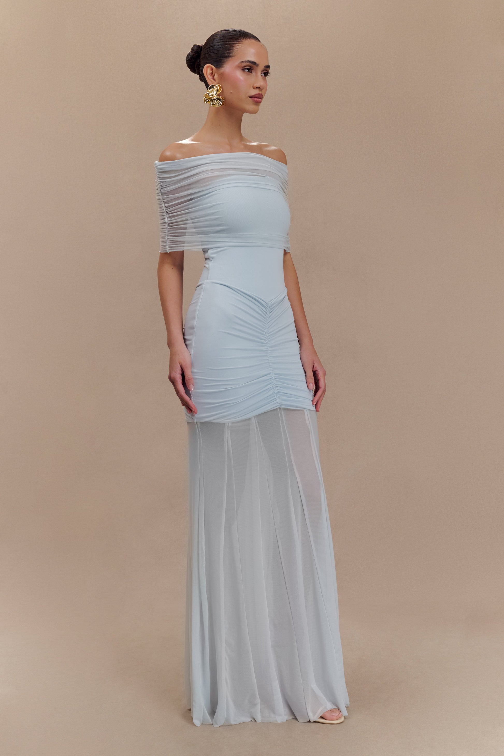 Caspian Slinky Mesh Off-Shoulder Maxi Dress in Pale Blue Pale Blue 4