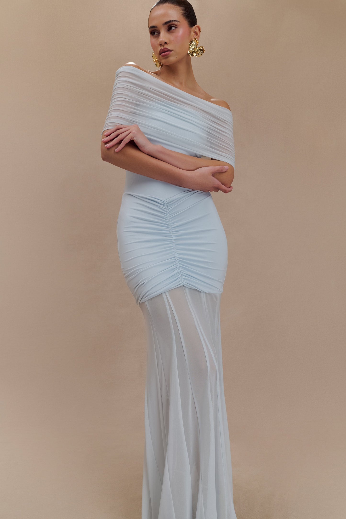 Caspian Slinky Mesh Off-Shoulder Maxi Dress in Pale Blue Pale Blue 5