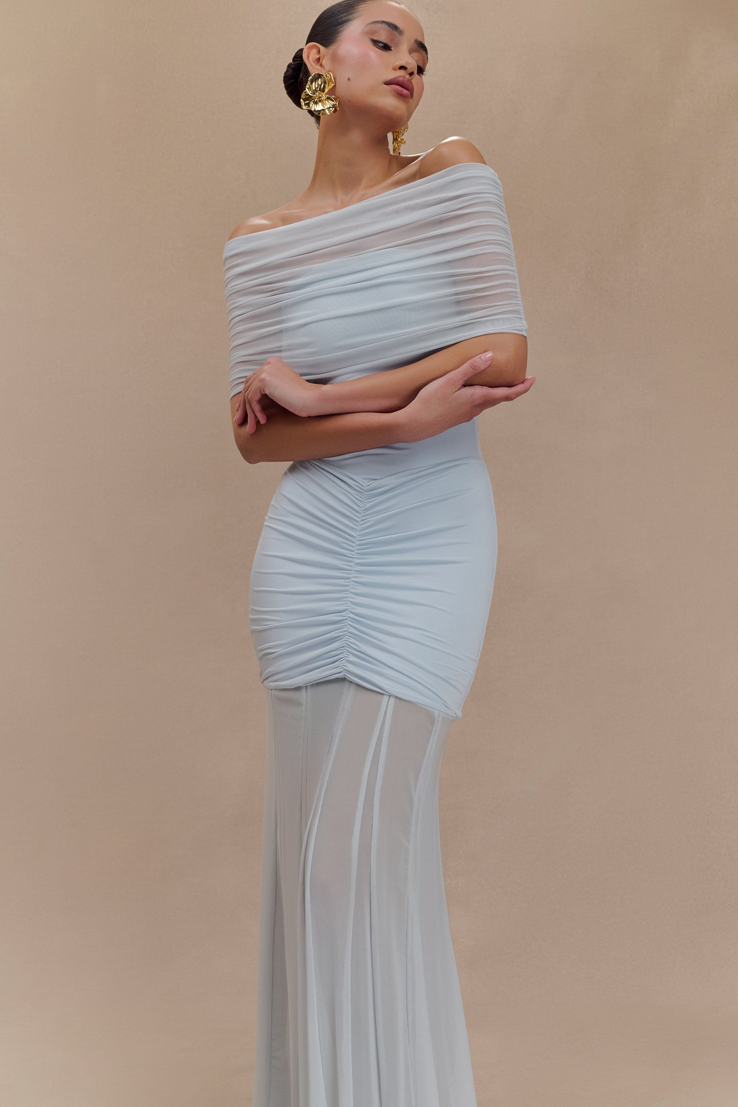 Caspian Slinky Mesh Off-Shoulder Maxi Dress in Pale Blue Pale Blue 6