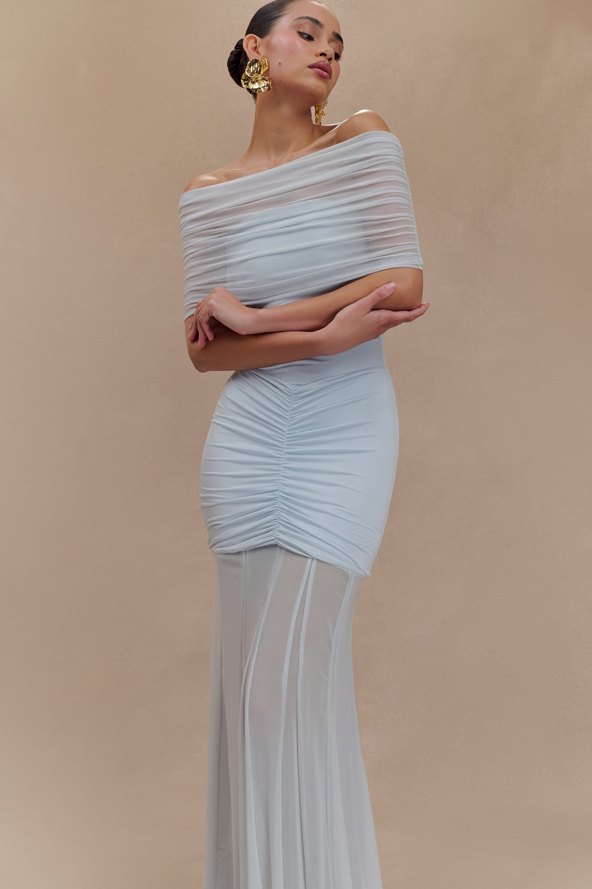 Caspian Slinky Mesh Off-Shoulder Maxi Dress in Pale Blue Pale Blue 6