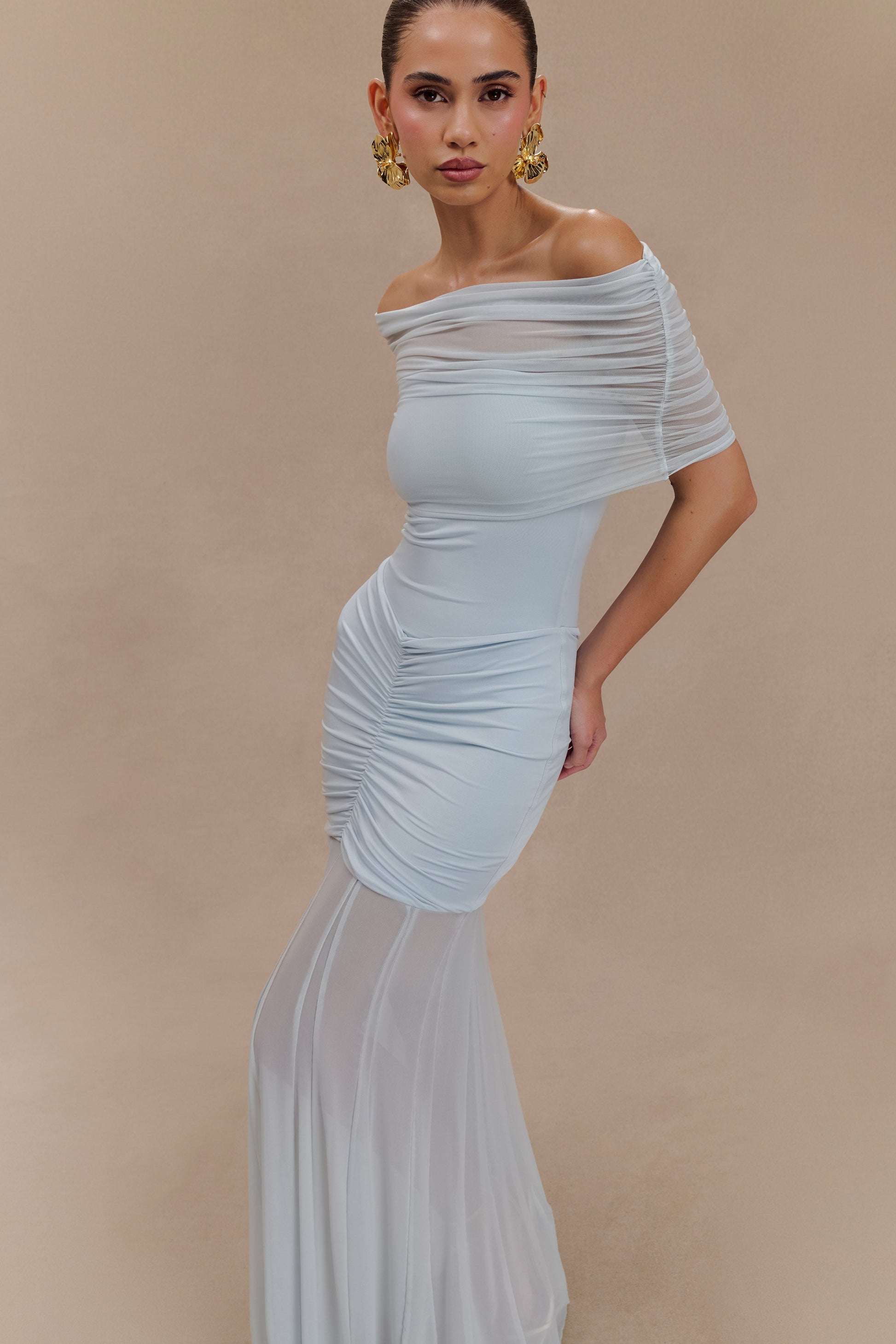 Caspian Slinky Mesh Off-Shoulder Maxi Dress in Pale Blue Pale Blue 3