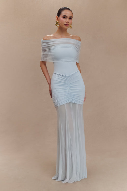 Caspian Slinky Mesh Off-Shoulder Maxi Dress in Pale Blue Pale Blue 1