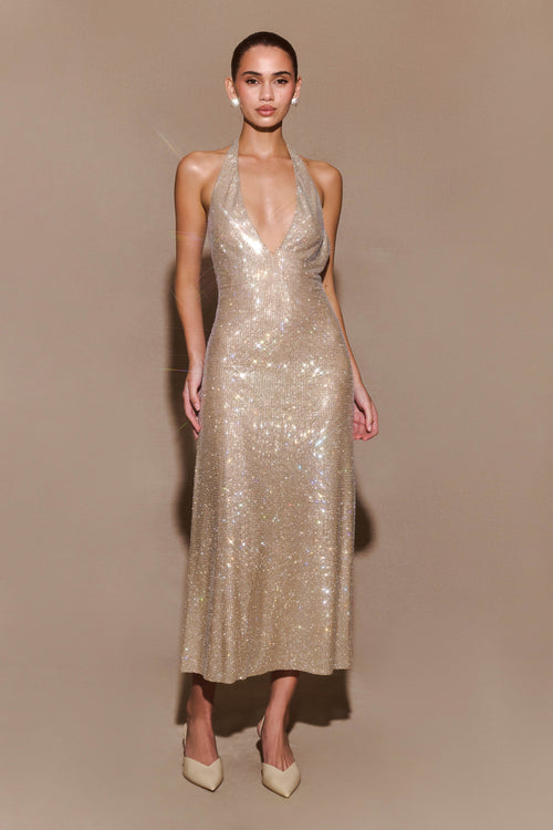 Genie Diamante Halter Midi Dress Nude 1