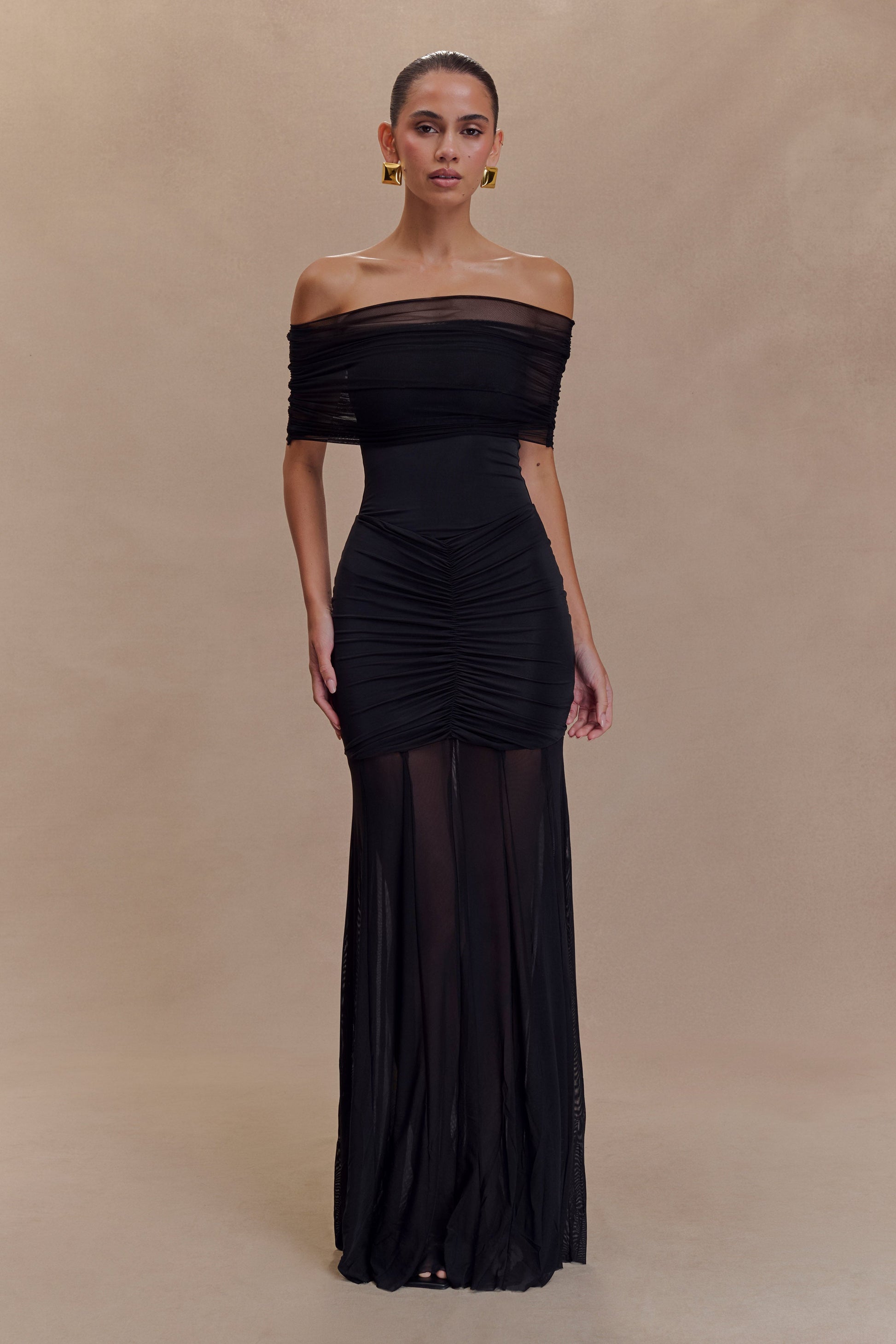 Caspian Slinky Mesh Off-Shoulder Maxi Dress in Pale Blue Pale Blue 10