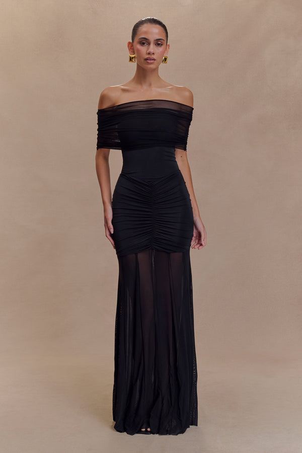 Caspian Slinky Mesh Off-Shoulder Maxi Dress in Pale Blue