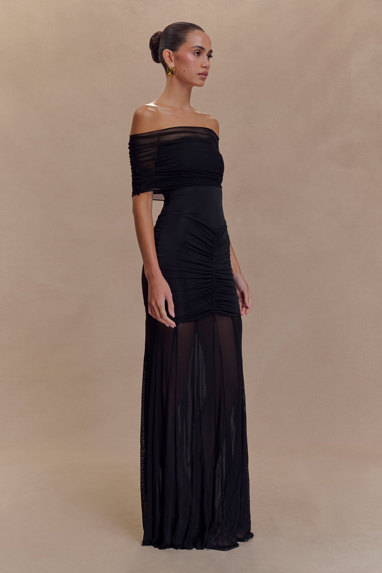 Caspian Slinky Mesh Off-Shoulder Maxi Dress in Pale Blue Pale Blue 12