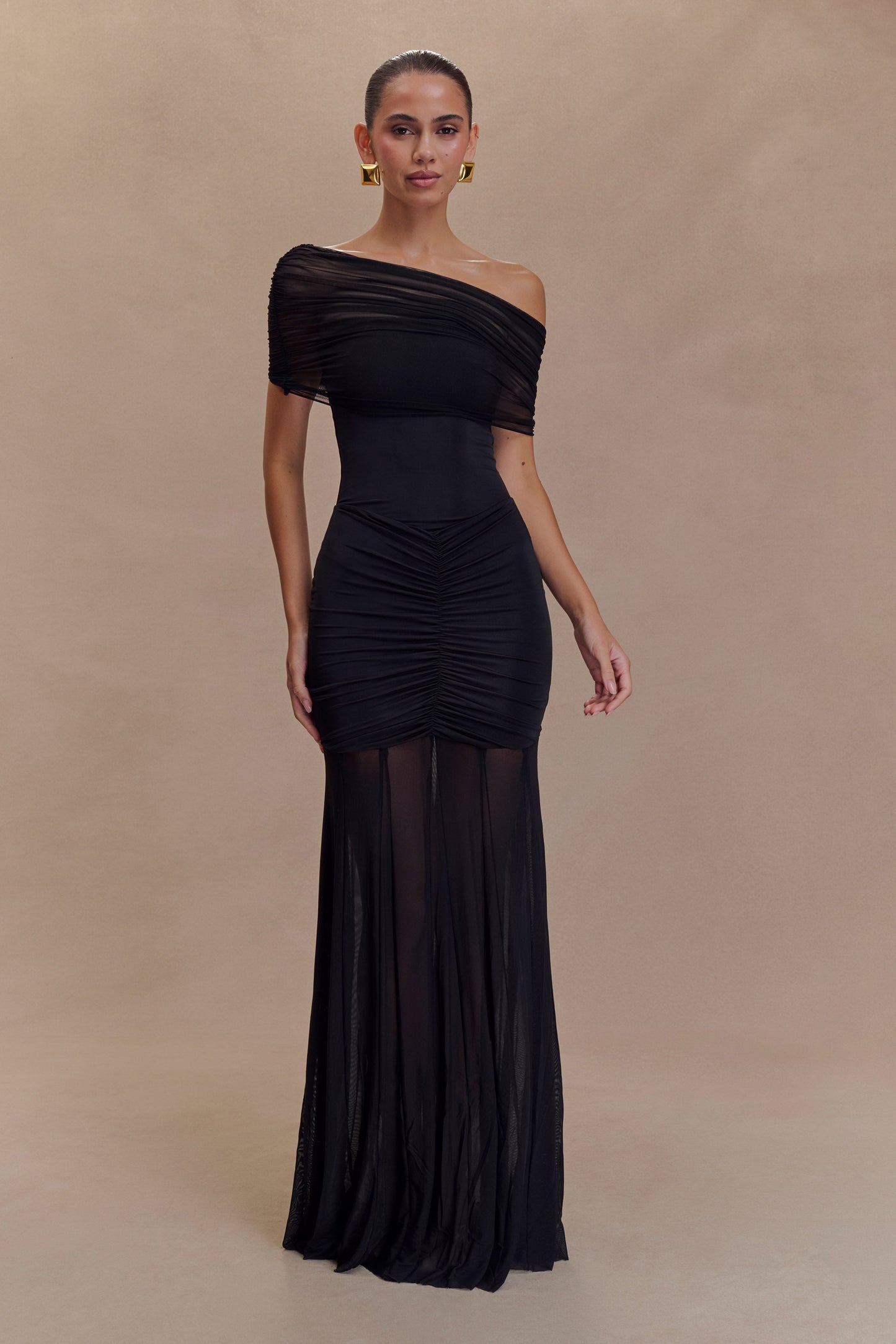 Caspian Slinky Mesh Off-Shoulder Maxi Dress in Pale Blue Pale Blue 13