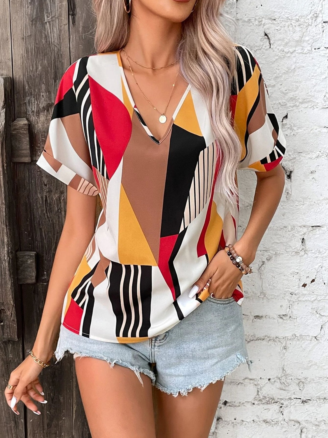 Margot Printed Tiered Dress Neck Short Sleeve Blouse 1