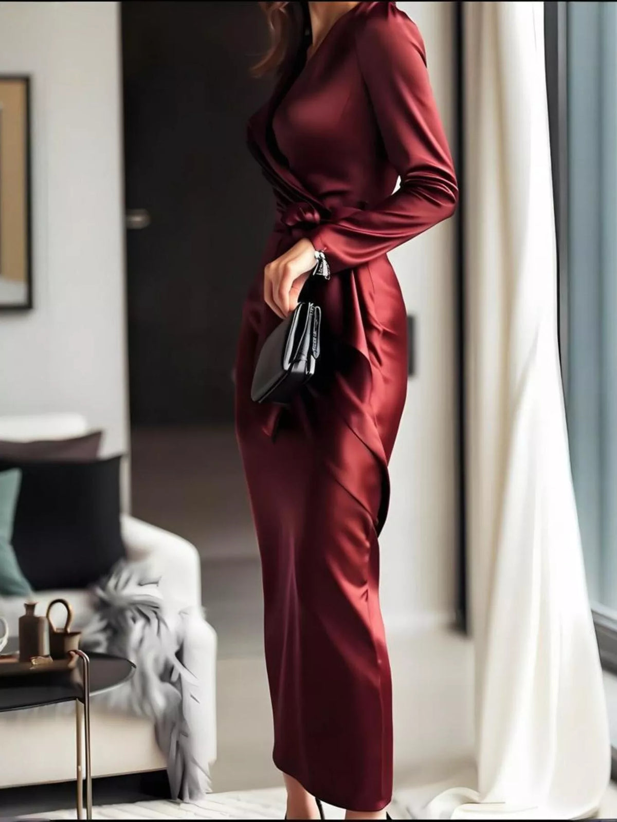 Oona Satin Long Sleeve Dress in Red Red 2