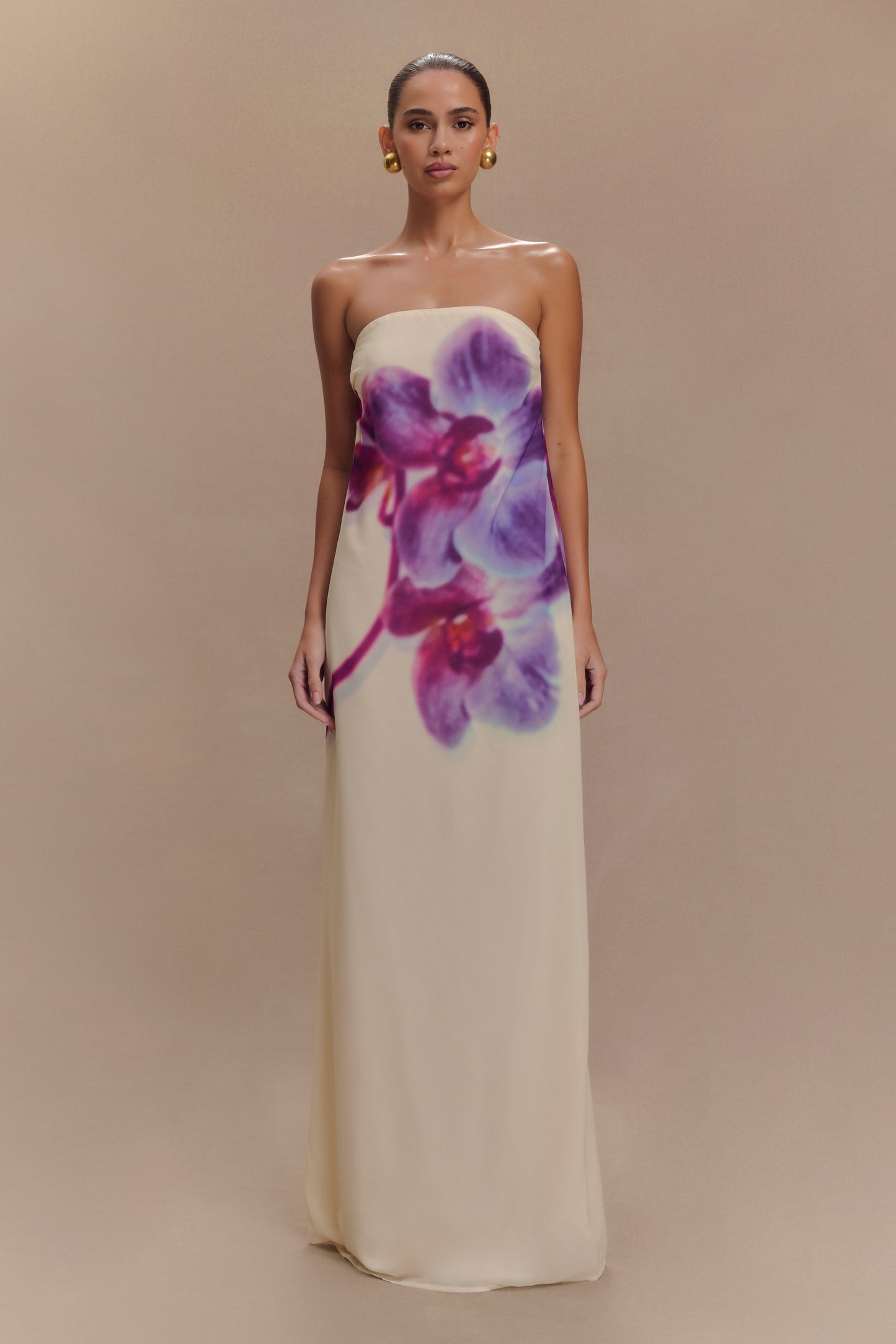 Amaya Strapless Chiffon Maxi Dress Ivory Koi Orchid Print 1
