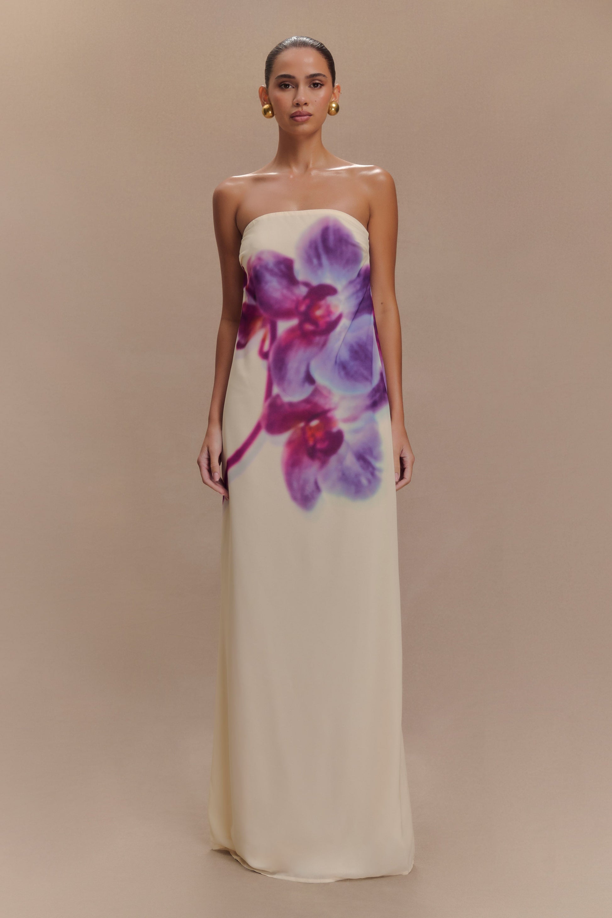 Amaya Strapless Chiffon Maxi Dress Ivory Koi Orchid Print 1