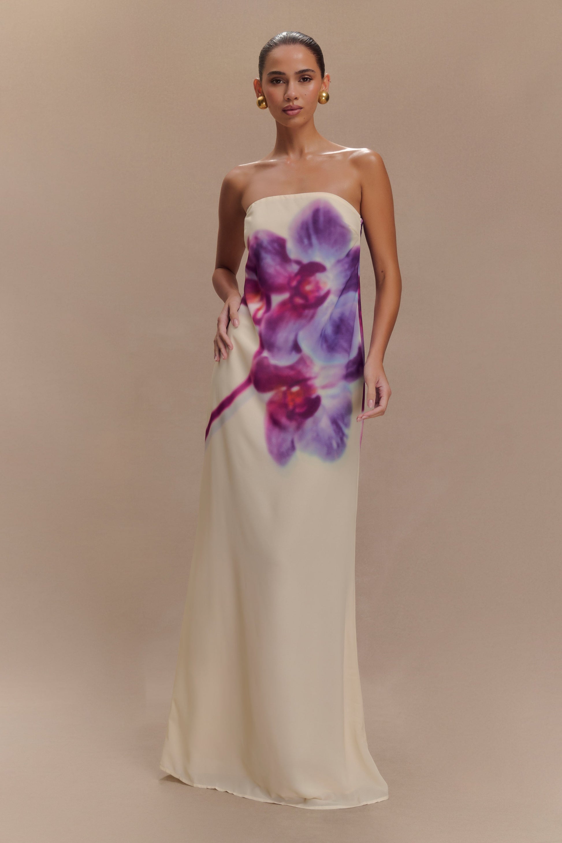 Amaya Strapless Chiffon Maxi Dress Ivory Koi Orchid Print 4