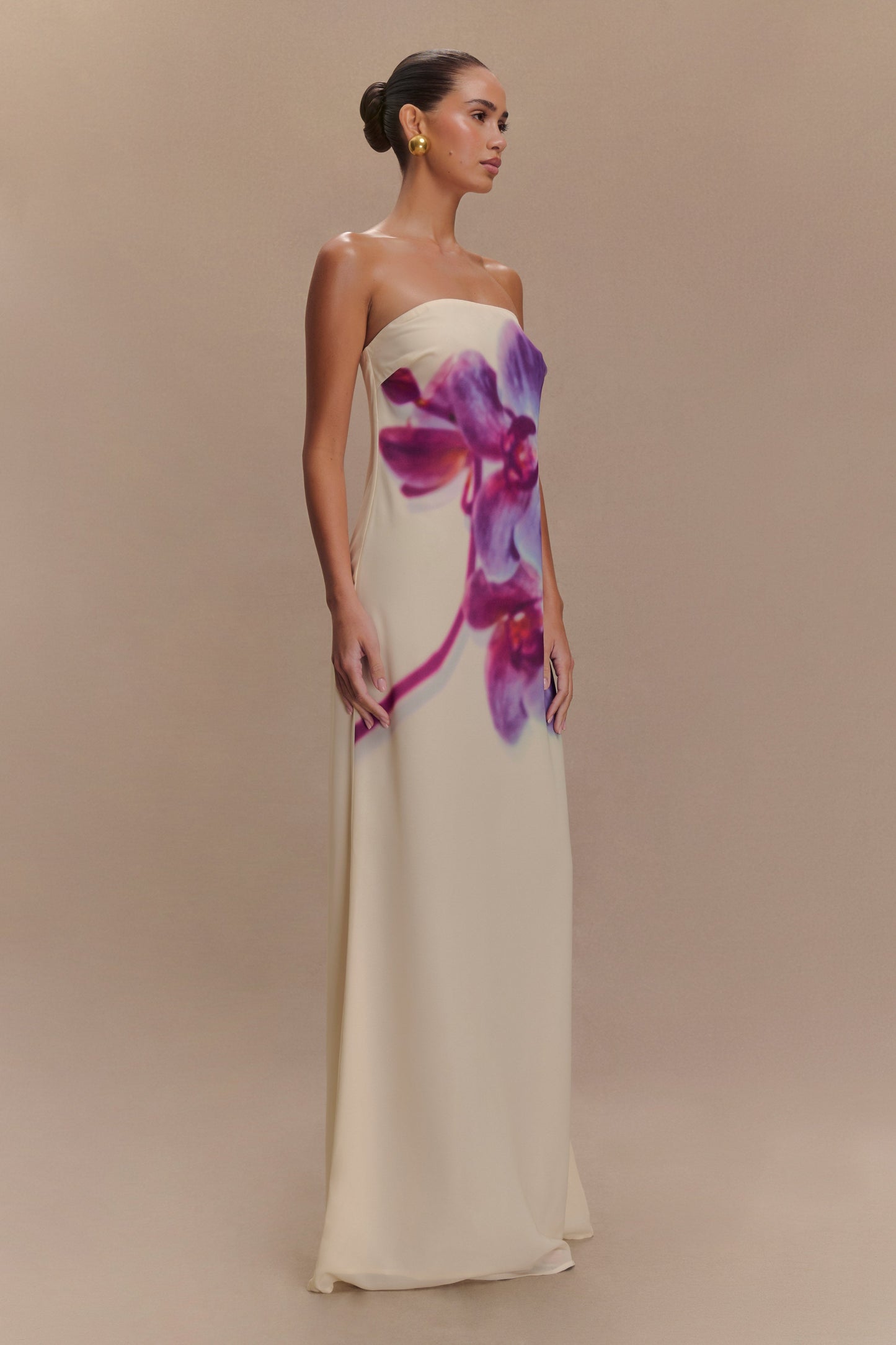 Amaya Strapless Chiffon Maxi Dress Ivory Koi Orchid Print 3