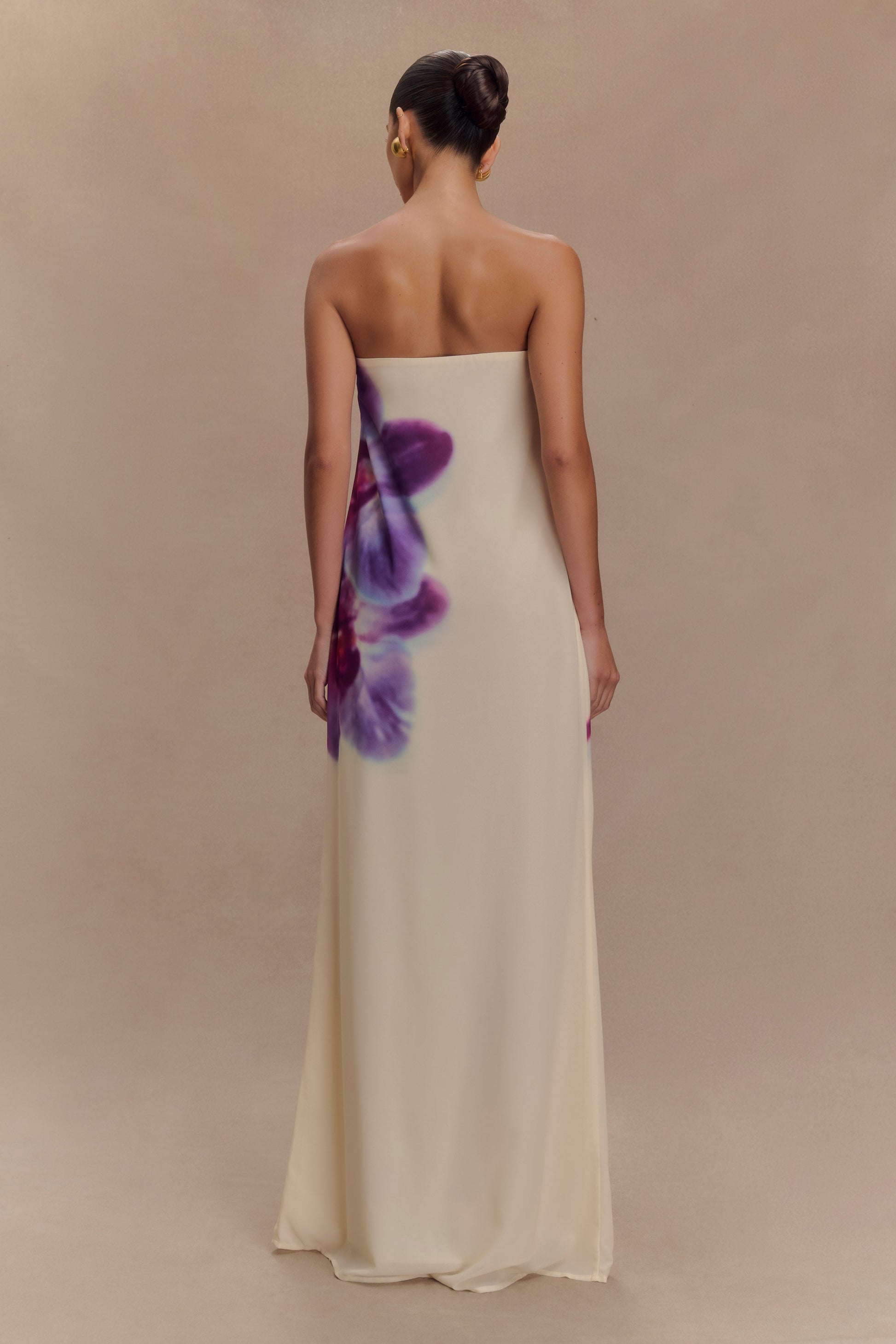 Amaya Strapless Chiffon Maxi Dress Ivory Koi Orchid Print 2