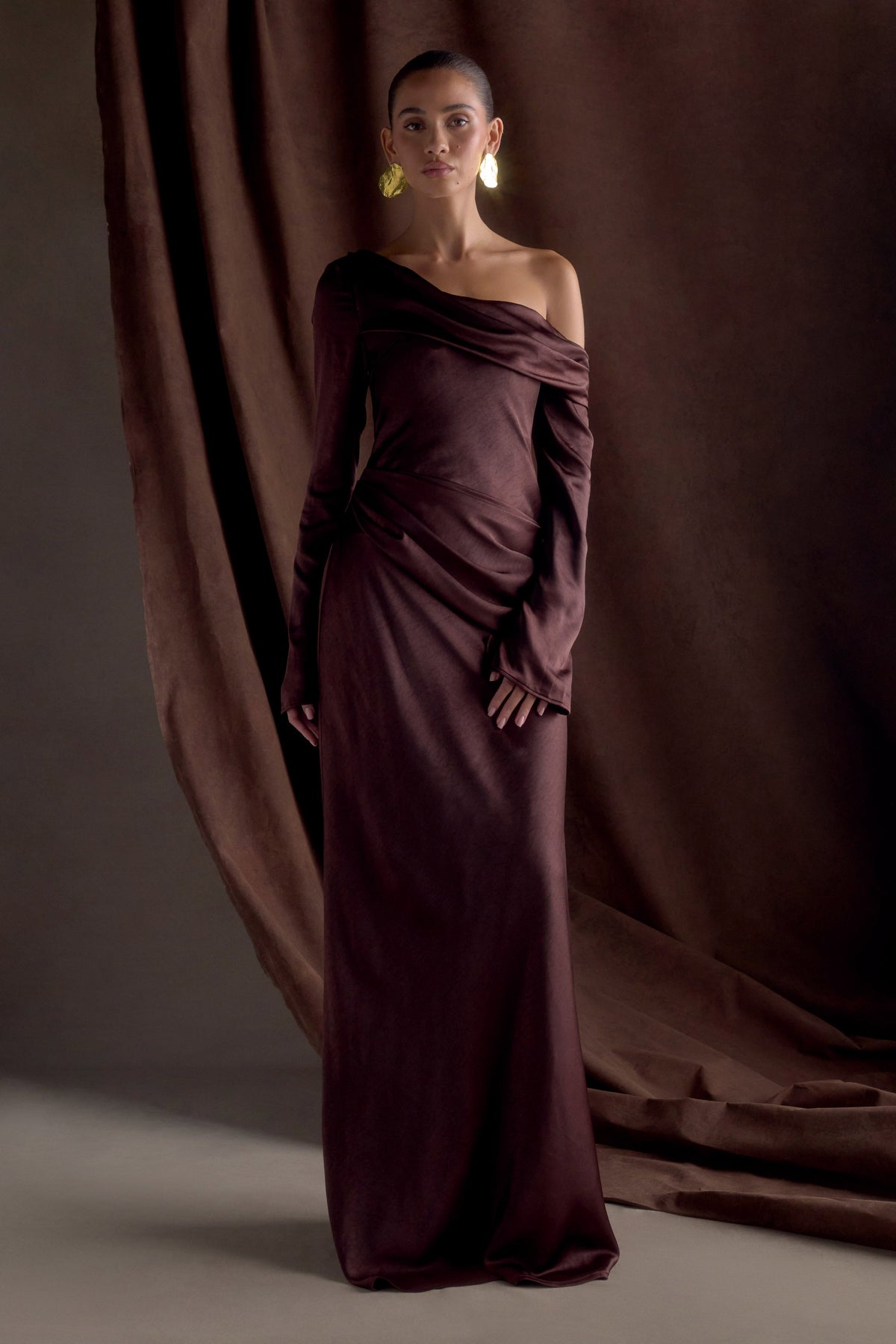 Iris Satin Maxi Dress in Black Dark Chocolate 1