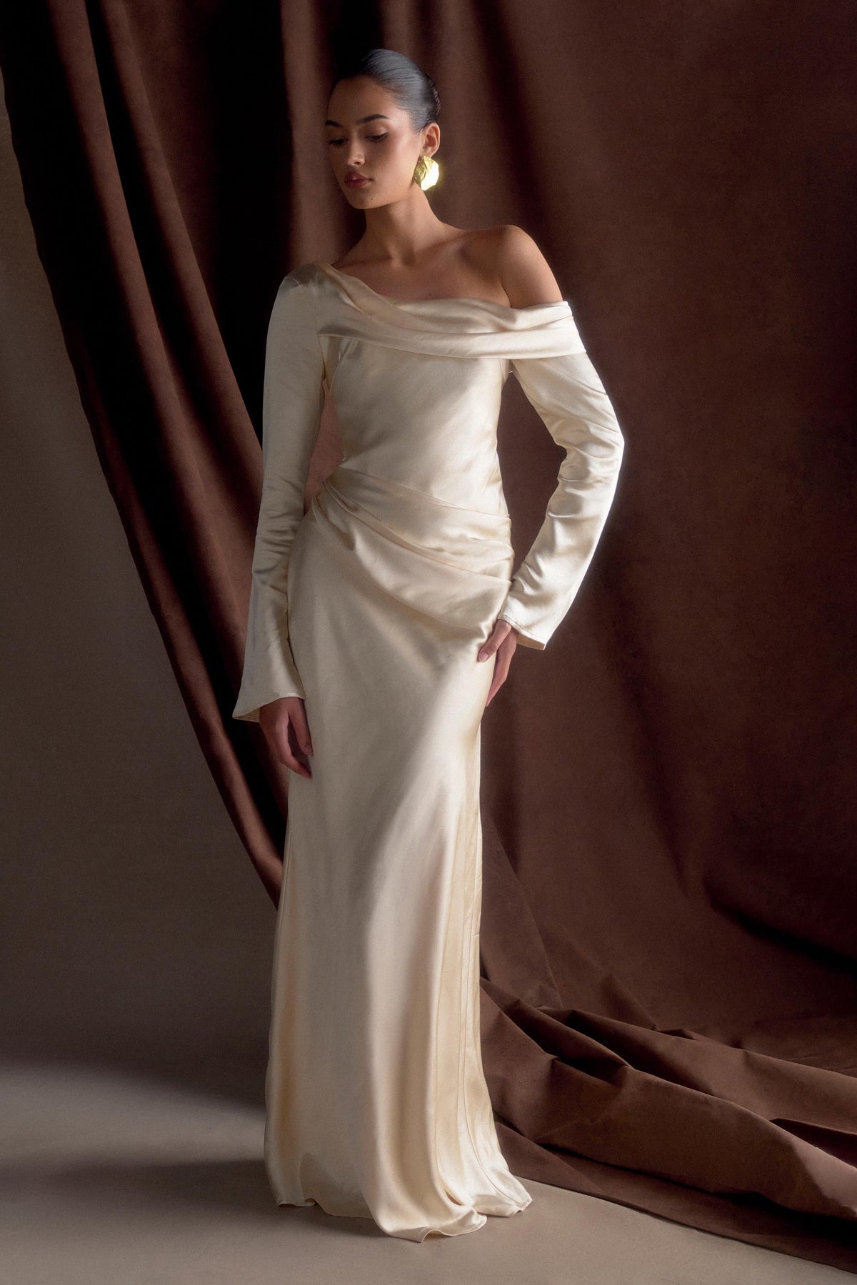Iris Satin Maxi Dress in Black Blush Gold 1