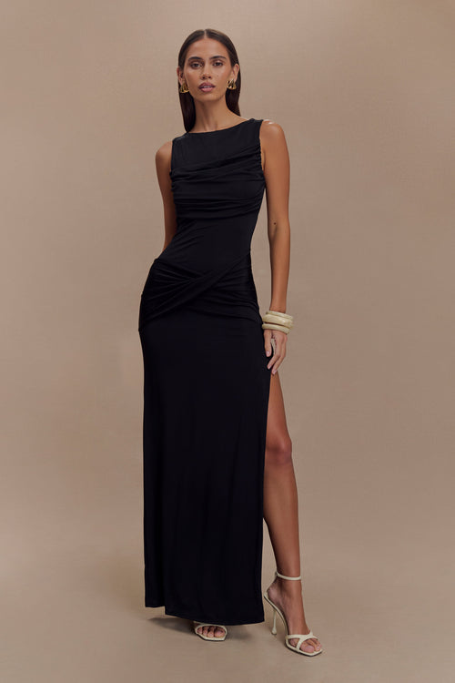 Henley Slinky Drape Maxi Dress Black 1