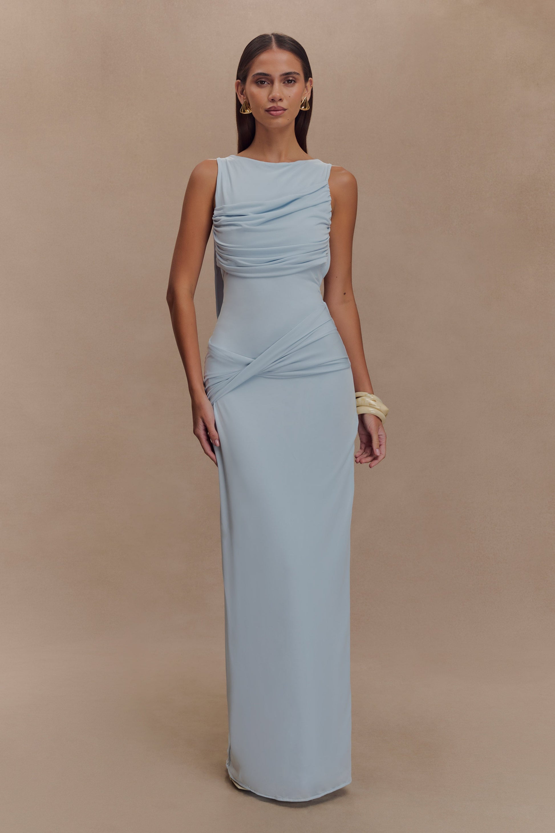 Henley Slinky Drape Maxi Dress Pale Blue 1