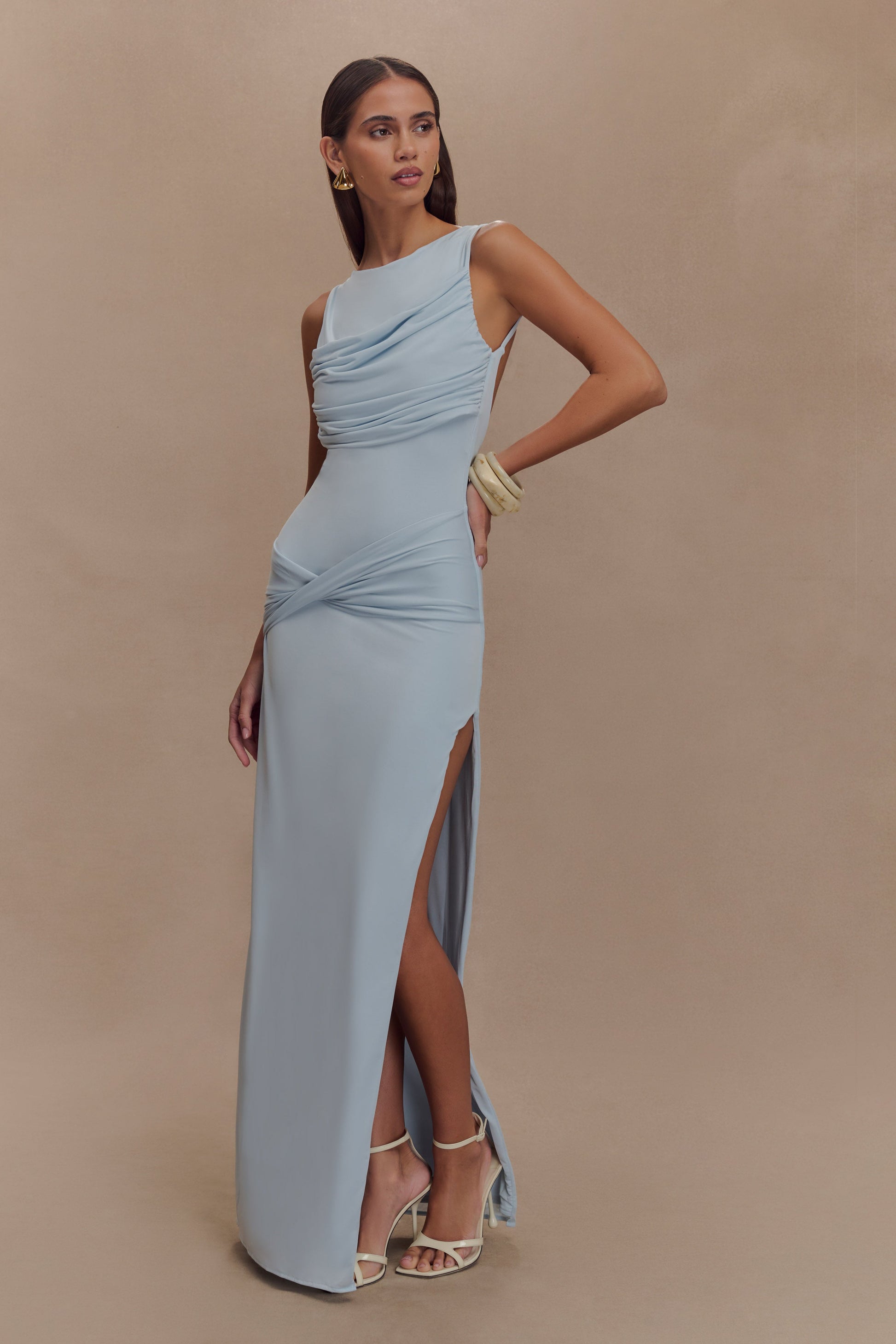 Henley Slinky Drape Maxi Dress Pale Blue 3