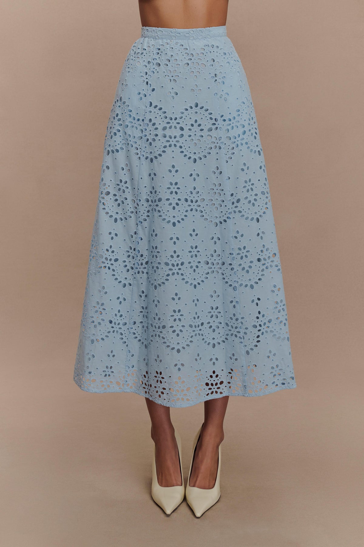 Arla Broderie Midi Skirt in Pale Cornflower Pale Cornflower Blue 1