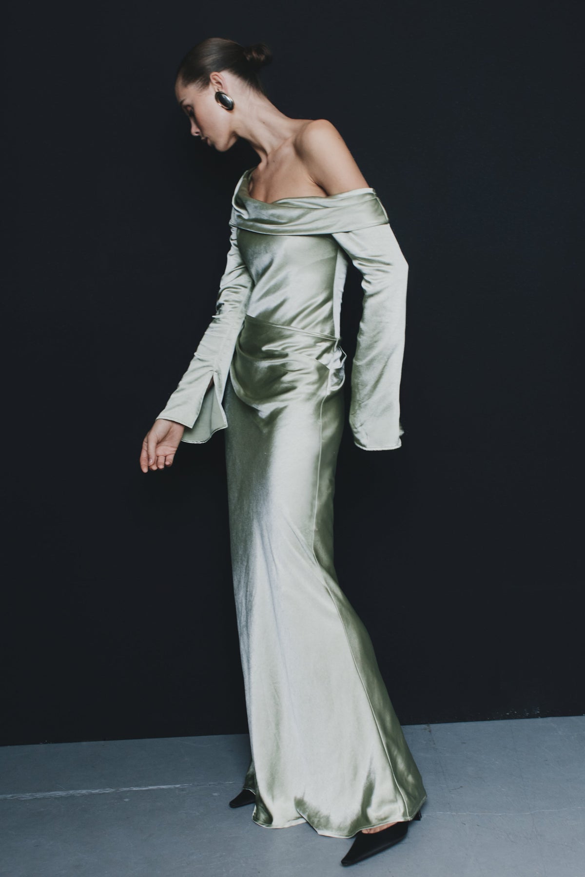 Iris Satin Maxi Dress in Black Sage 3