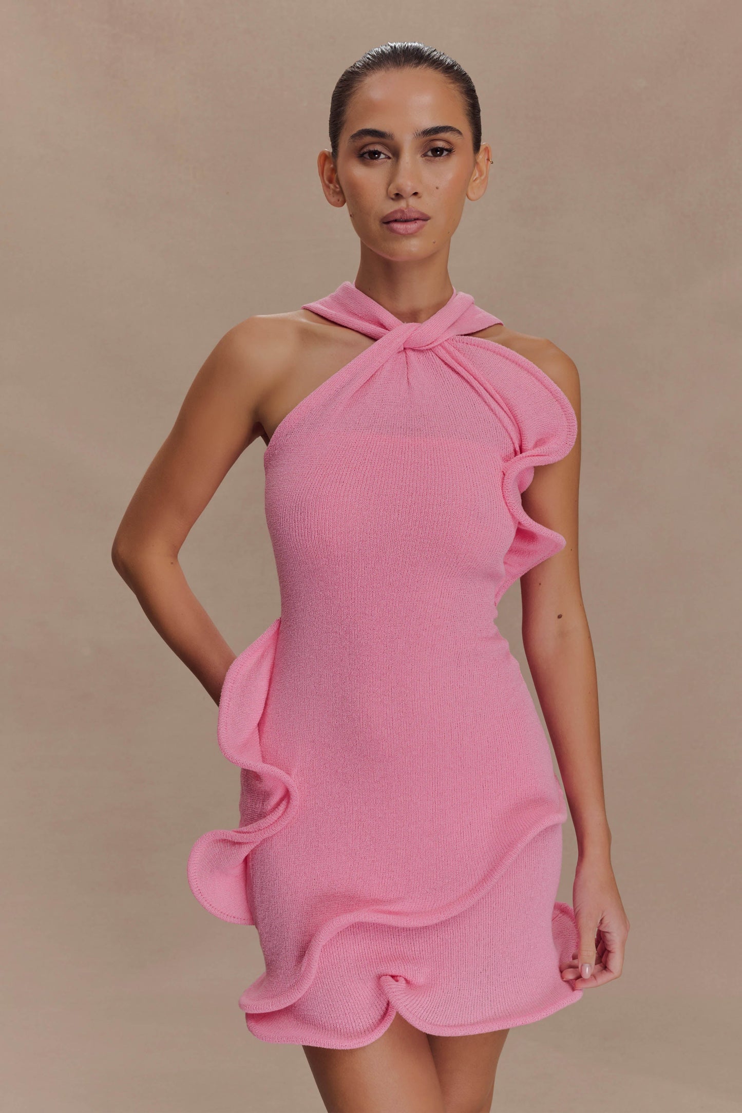 Caprice Halter Knit Mini Dress Bubblegum Pink 2