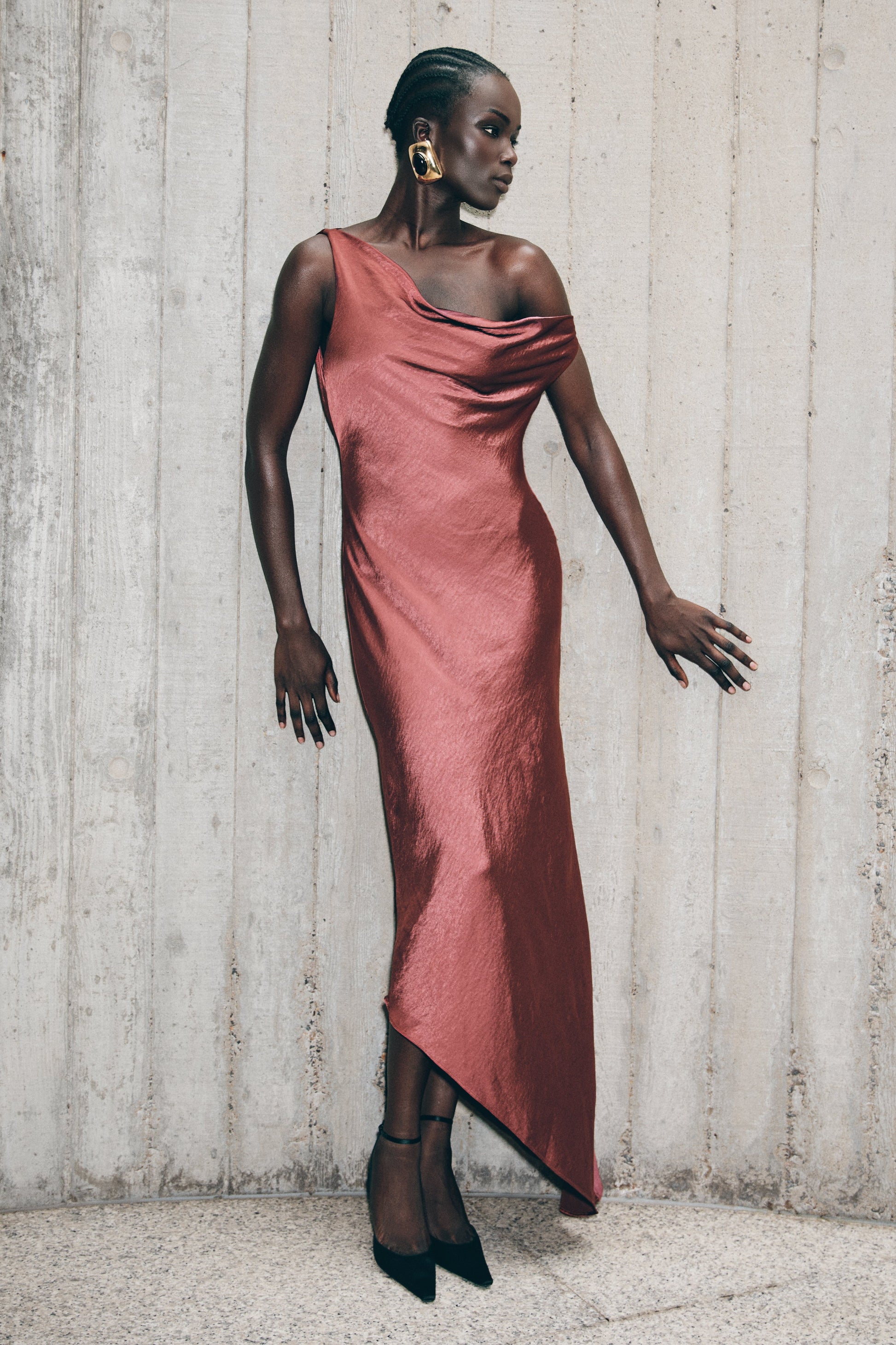 Yvette Asymmetrical Slip Maxi Dress in Emerald Brown Cherry 2