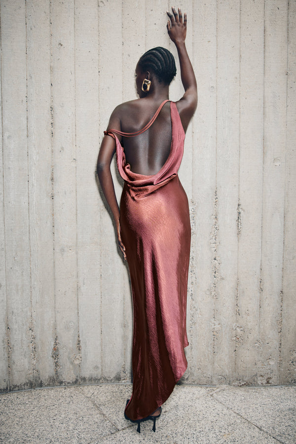 Yvette Asymmetrical Slip Maxi Dress in Emerald