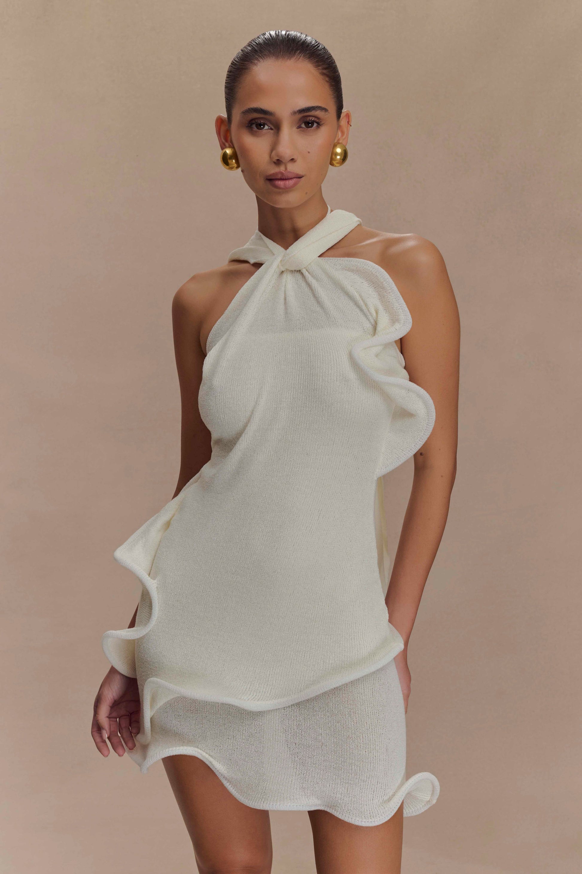 Caprice Halter Knit Mini Dress White 1