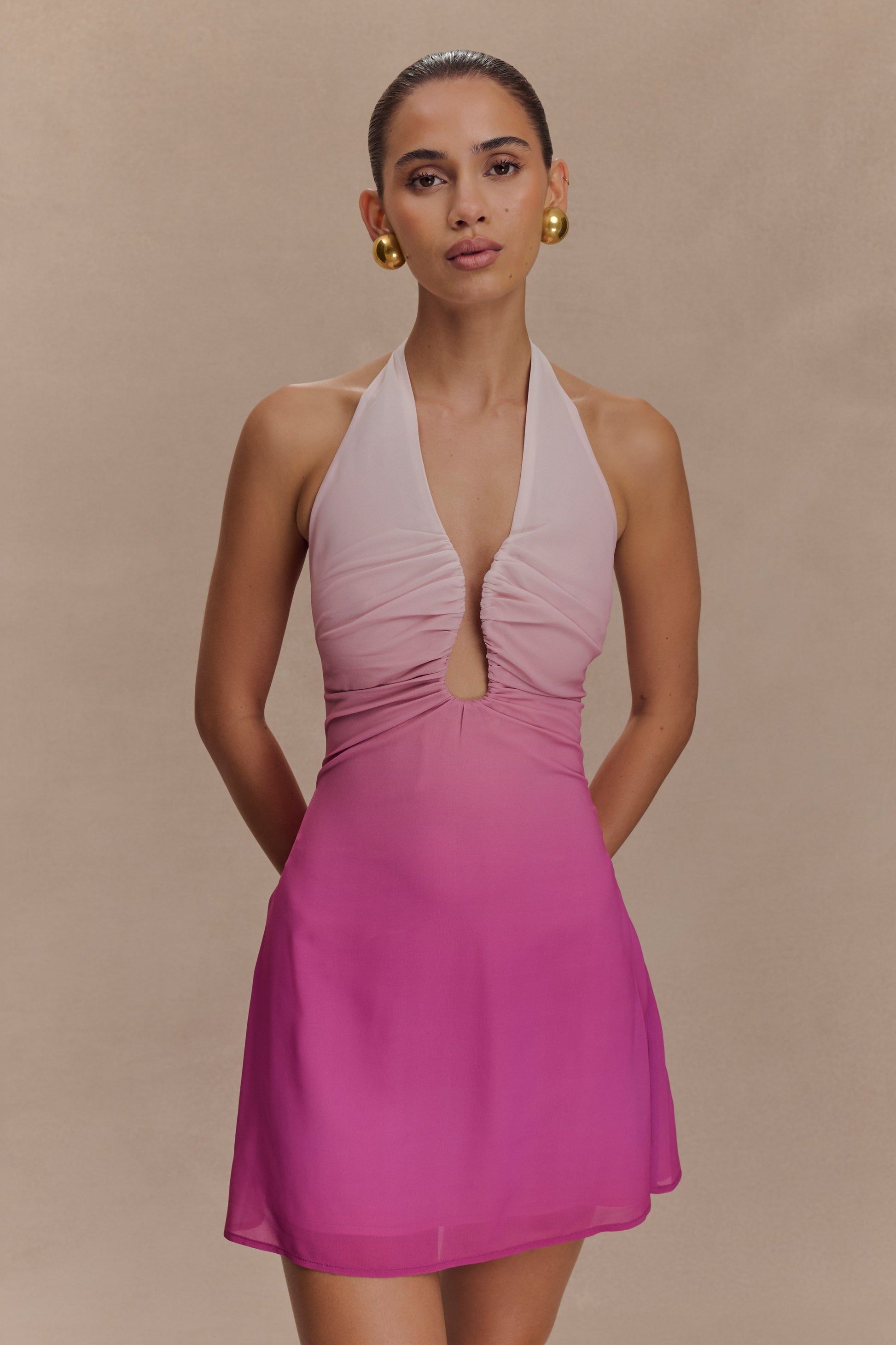 Malakhai Chiffon Halter Mini Dress Ombre Pink 1