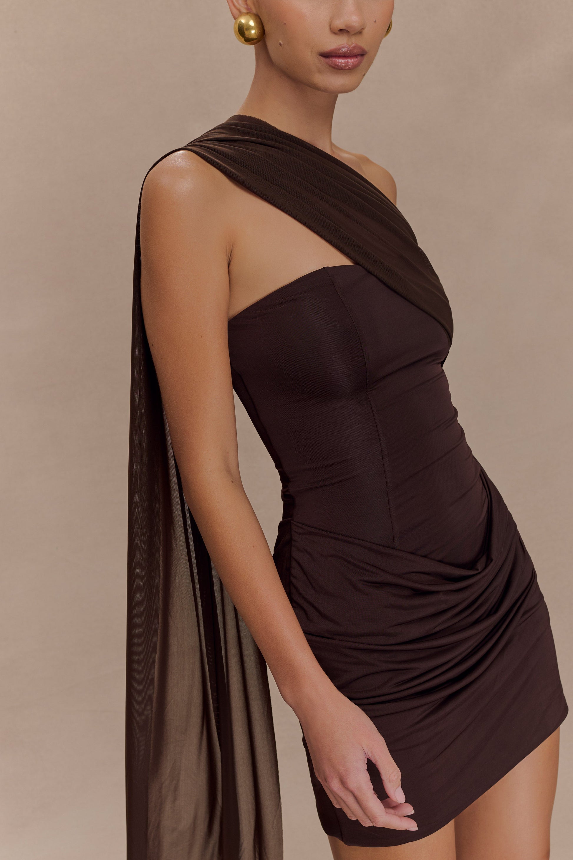 Mattea Slinky Mesh Mini Dress with Scarf Dark Chocolate 3