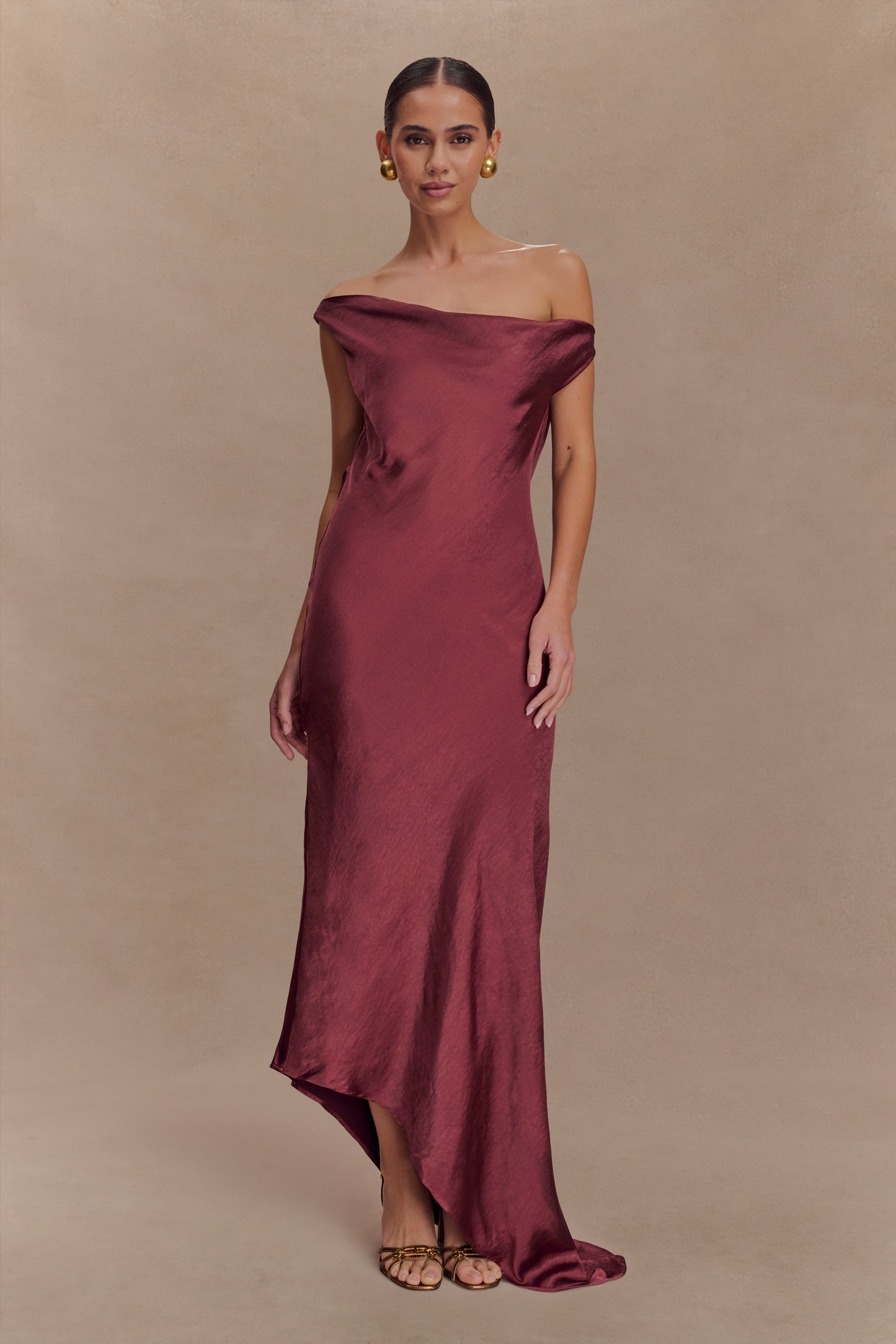 Yvette Asymmetrical Slip Maxi Dress in Emerald Brown Cherry 3