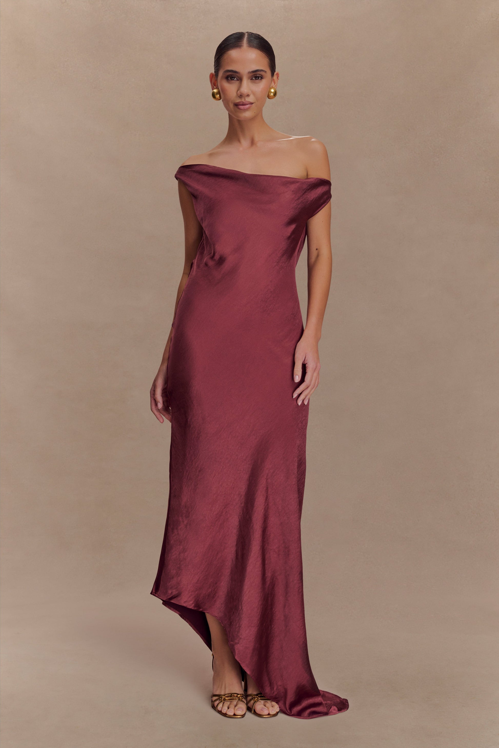 Yvette Asymmetrical Slip Maxi Dress in Emerald Brown Cherry 3